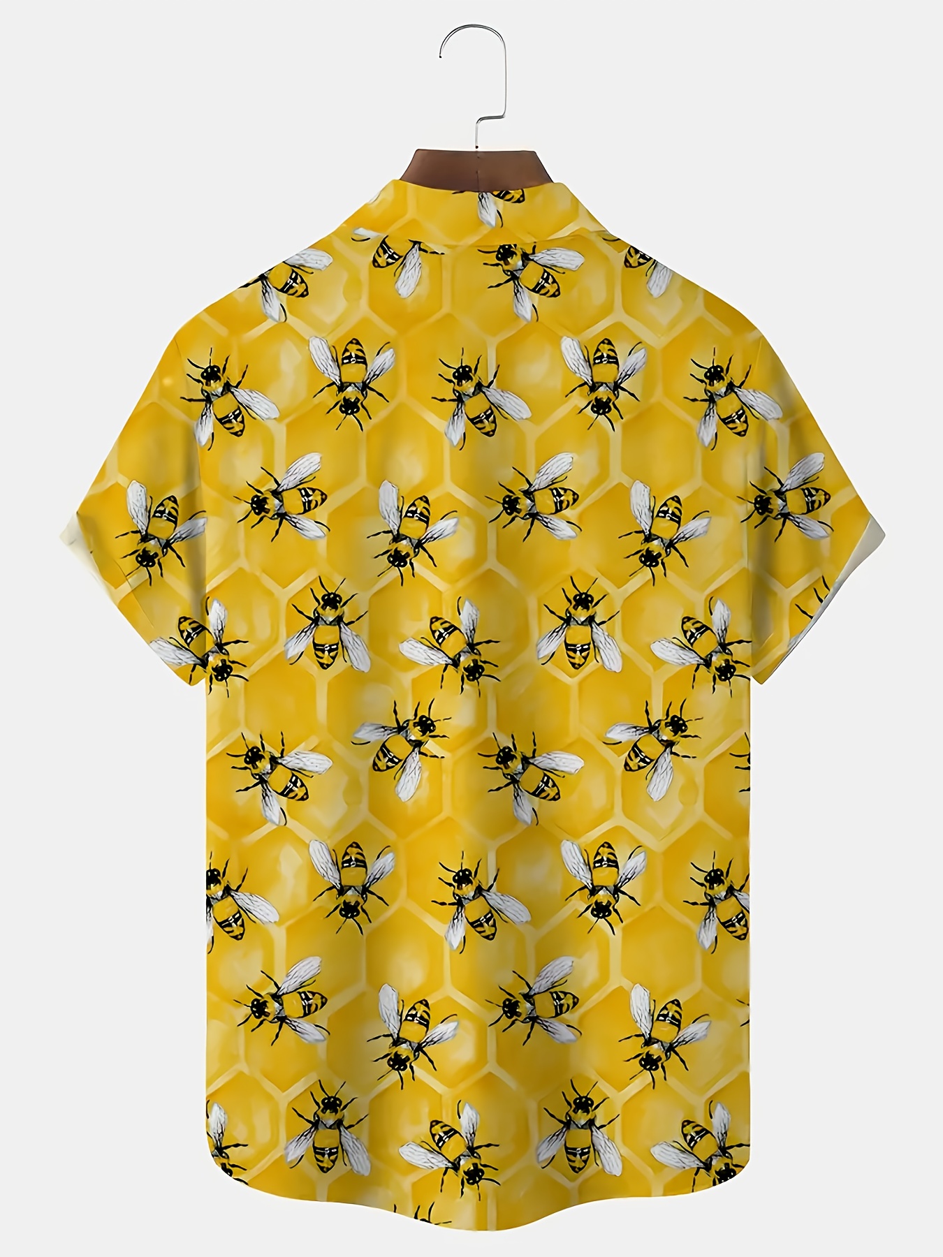 mens hawaiian honeycomb print short sleeve shirt vibrant yellow with black bees hexagonal patterns casual summer style lightweight polyester fabric   warm weather   bee shirt