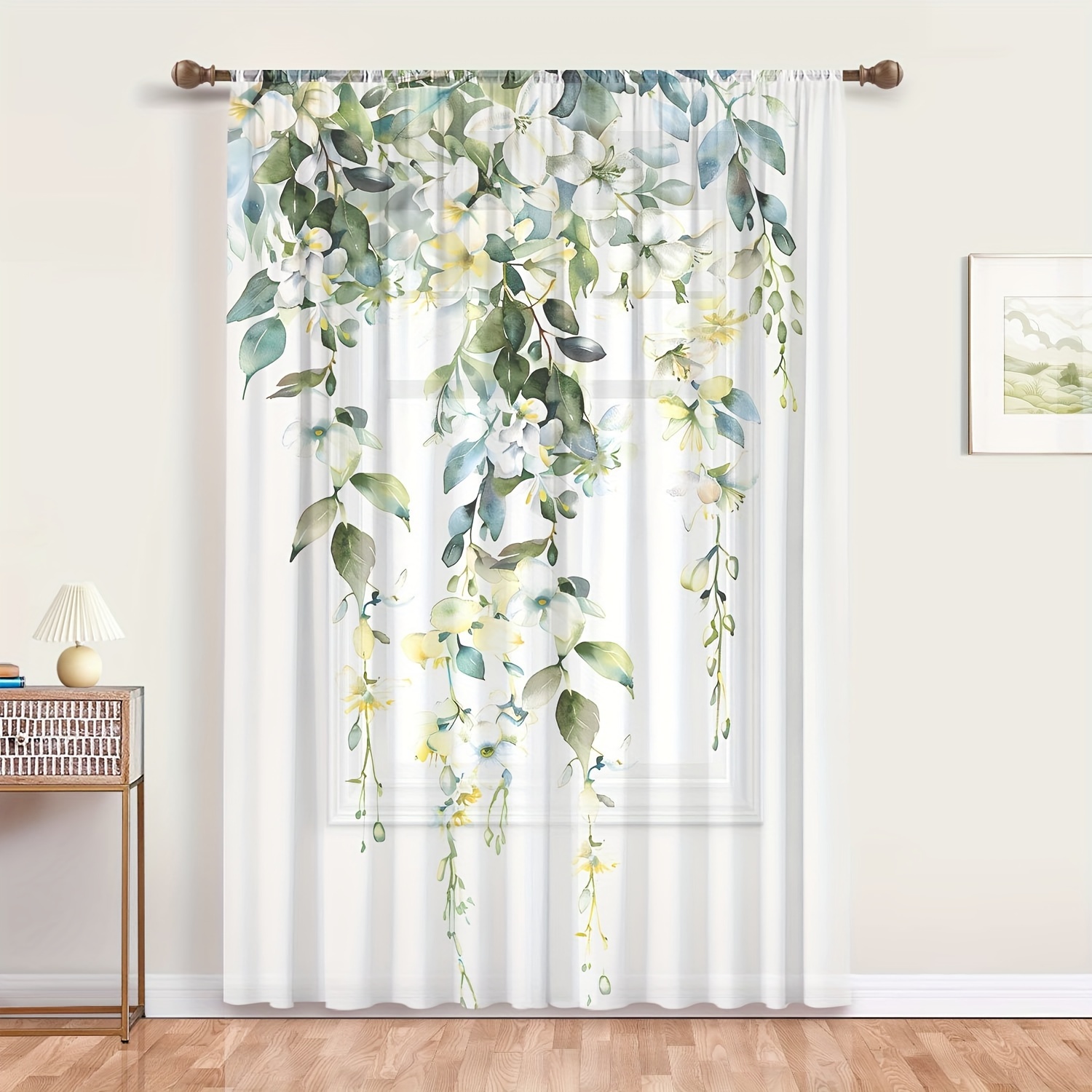 

Charming Watercolor Floral & Eucalyptus Sheer Curtain - Rod For Easy Hanging, Living Room, Bedroom, Dining, And Home Decor