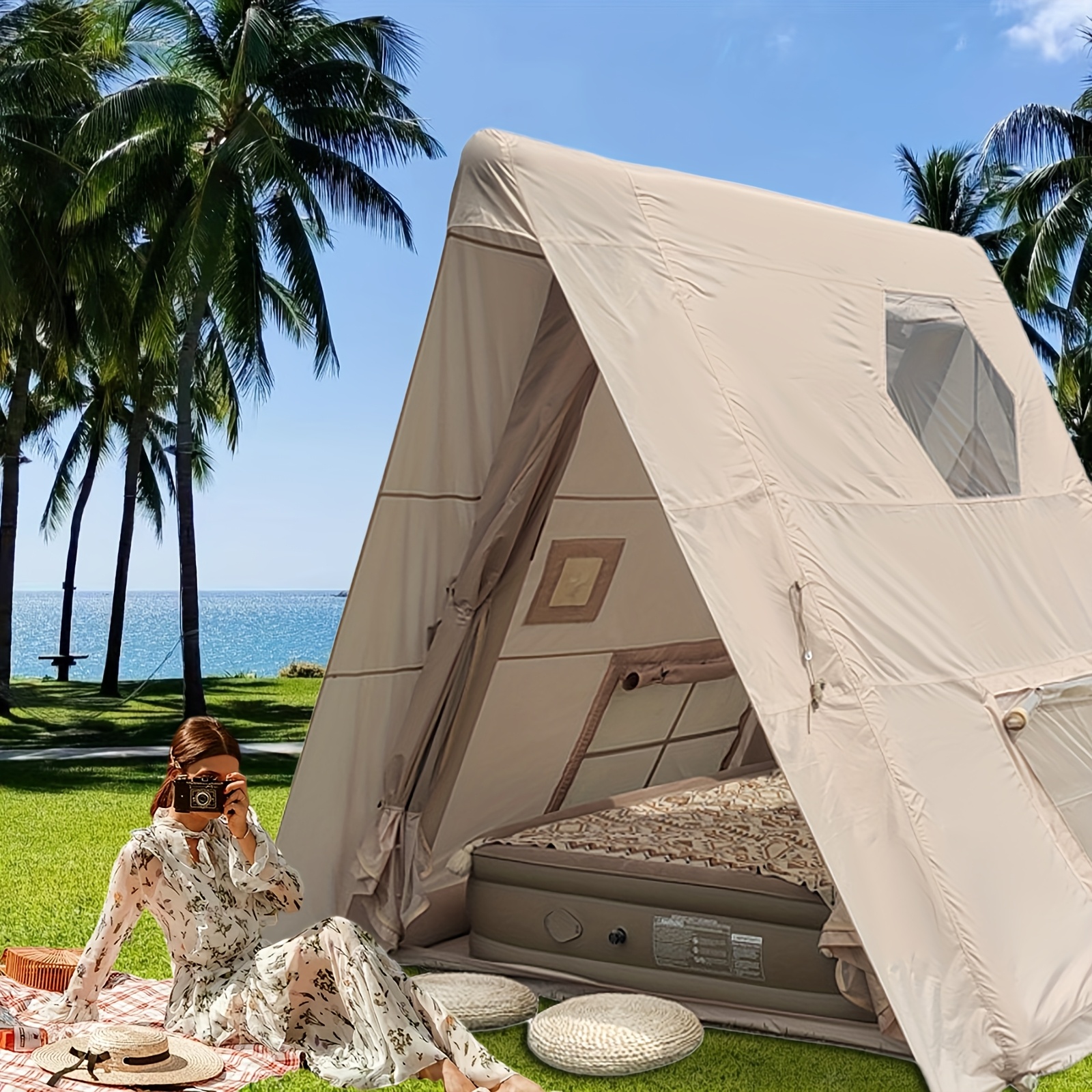 PAKICETUS 6-Person Inflatable Family Camping Tent with Wind-Resistant Triangular Structure & All-Weather Stability - Easy Setup, Spacious Floor Area, Clear Window Panels & Ventilation System, Portable Storage Bag Included, Durable & Sturdy Frame for Year-Round Use, Ideal for Family Camping, Hiking, Backpacking - Beige/Gray Color Options Available (Ideal for 6-Person Groups)