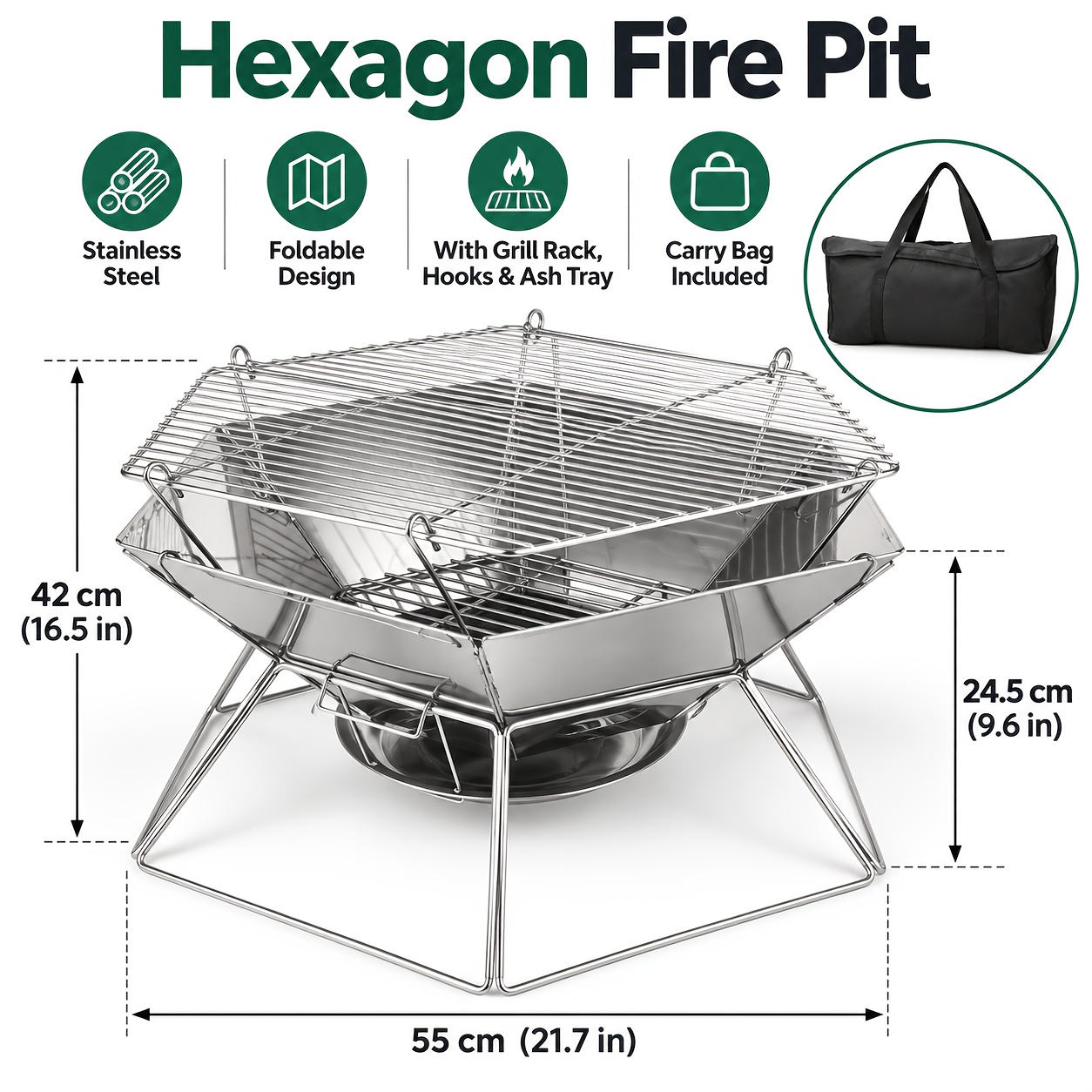 Image of Portable Foldable Fire Pit Grill, Stainless Steel Hexagonal Charcoal Bbq Grill With Adjustable Grill Rack, Ash Tray, Hooks & Carry Bag For Camping, Picnic And Outdoor Use