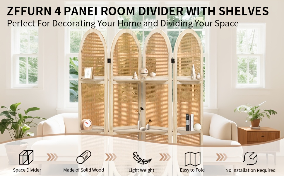 Four-Panel Wooden Room Divider, Collapsible with a Hand-Woven Rattan Privacy Screen - Room Partitions Featuring Three Display Shelves, Ideal for Home, Office, Study, Or Art Exhibitions