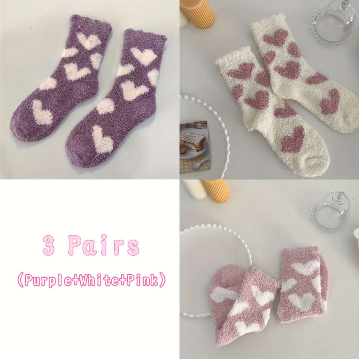 TEMU 3 Pairs Women's Coral Fleece Warm Socks - Pattern Mid-calf Socks, Postpartum Soft Cozy Indoor Socks Suitable For Home &, Round Ball Heel For