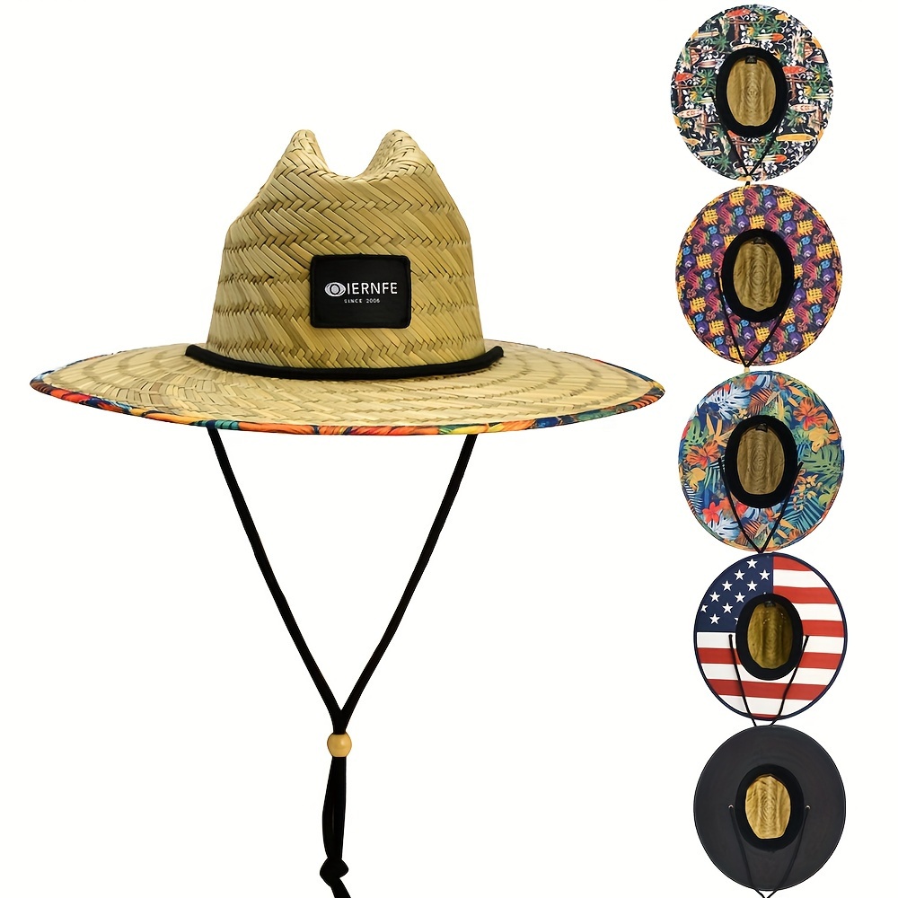

Straw Outdoor Sun Hat, Breathable Flat Brim Hat With Adjustable Chin Strap, Wide Brim Beach Hat