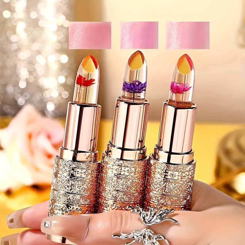 3pcs Petals Flowers Jelly Color Changing Lip Balm Lipstick, Jelly Color Changing Lip Balm, Moisturizing, Smooth Glossy Lips, Transparent And Temperature Changing