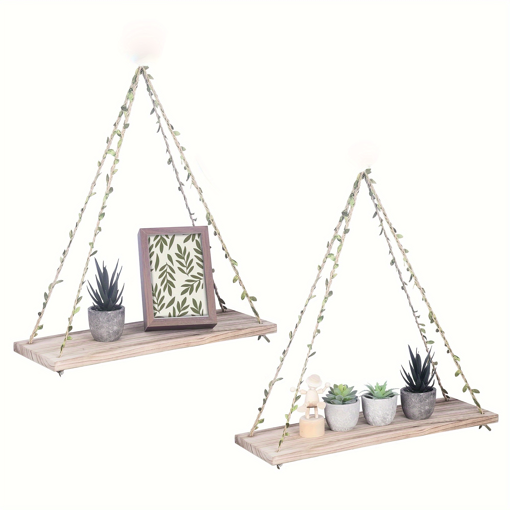 

Chic 2pcs Wall Hanging Shelves With Leaf Rope - Floating Plant Stands For Home Decor, Storage For Any Room, Floating Shelves