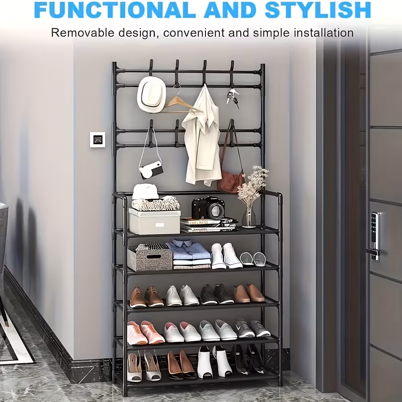 5 tier multifunctional storage rack with 8 double hooks stainless steel freestanding shoe clothes organizer space saving heavy duty metal frame for living room bathroom retail store display shoe storage organizer versatile shelving unit contemporary furniture construction standing shelf Product details 3