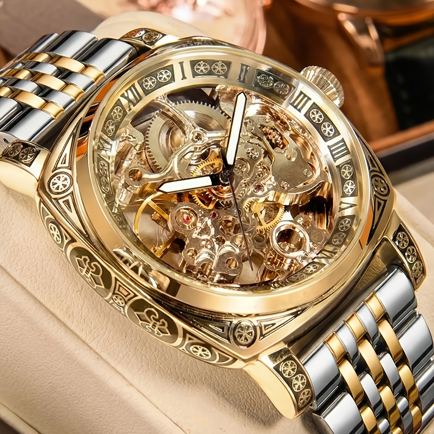 Image of 1pc Men's Silvery Rose Steel Strip Elegant Style Ancient Roman Fully Automatic Tourbillon Mechanical Watch