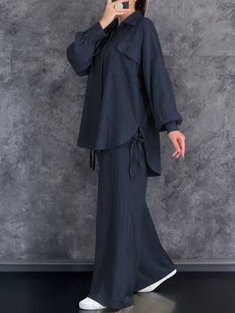 autumn new casual comfortable versatile streetwear long sleeve collared top with pants 2pcs set for women belt not included
