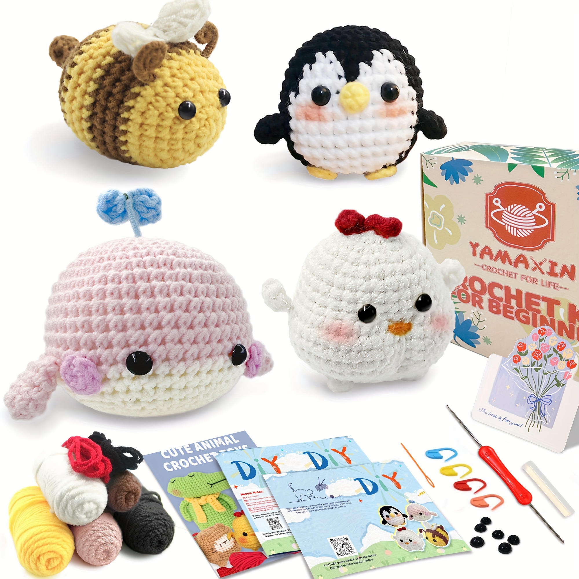 

Crochet Kit For Beginners-4 Pack Whale Chick Penguin Bee Crochet Animal Easy Learn To Starter Amigurumi Knitting Kit And Yarn Craft Kits For Festival Adults Diy With Step-by-step Video Tutorials