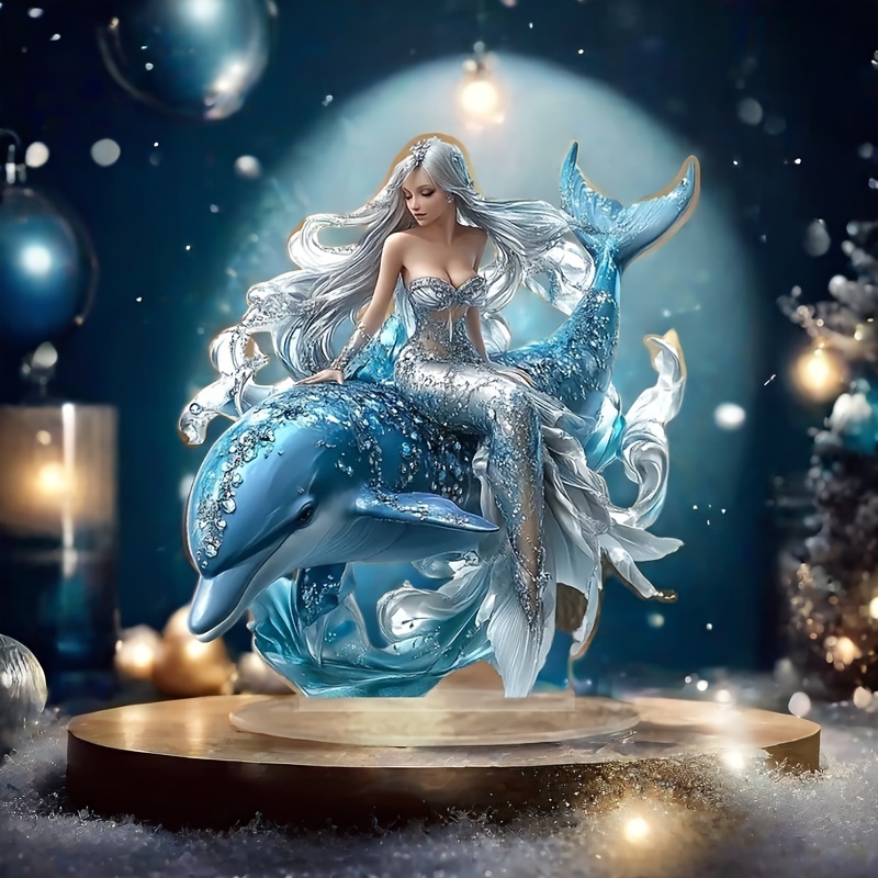 

Bohemian Style Mermaid And Dolphin Acrylic Statue With Base - Desktop, Bedroom, Restaurant Decoration | Ideal Creative Gift For Home And Kitchen - 2d Flat