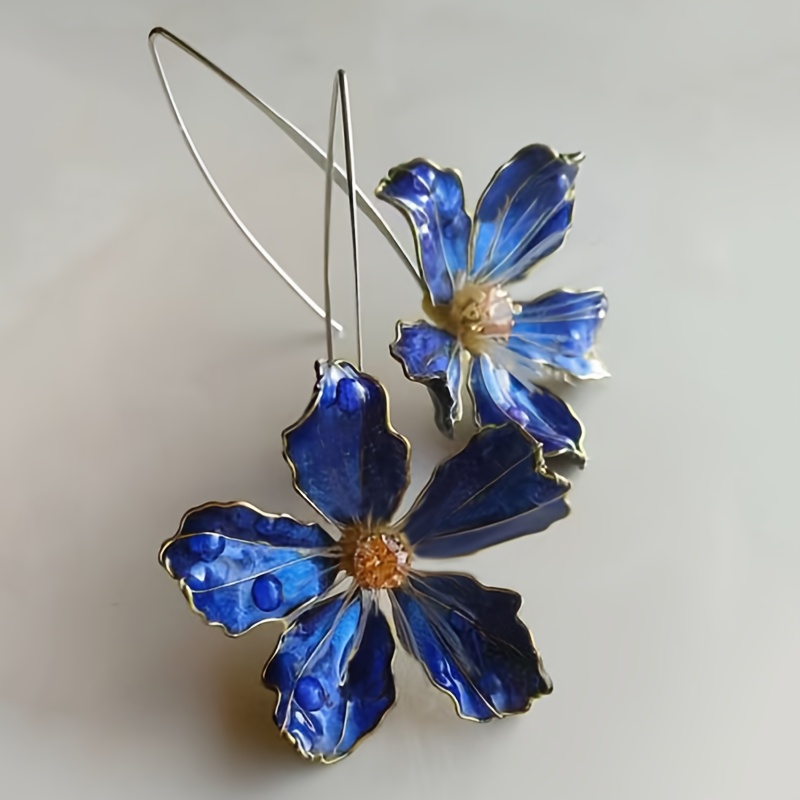 

Vintage Boho Blue Floral Alloy Drop & Dangle Earrings With Synthetic Zirconia Stones, Iron Ear Needle, Fashionable Women's Jewelry For And Gift-