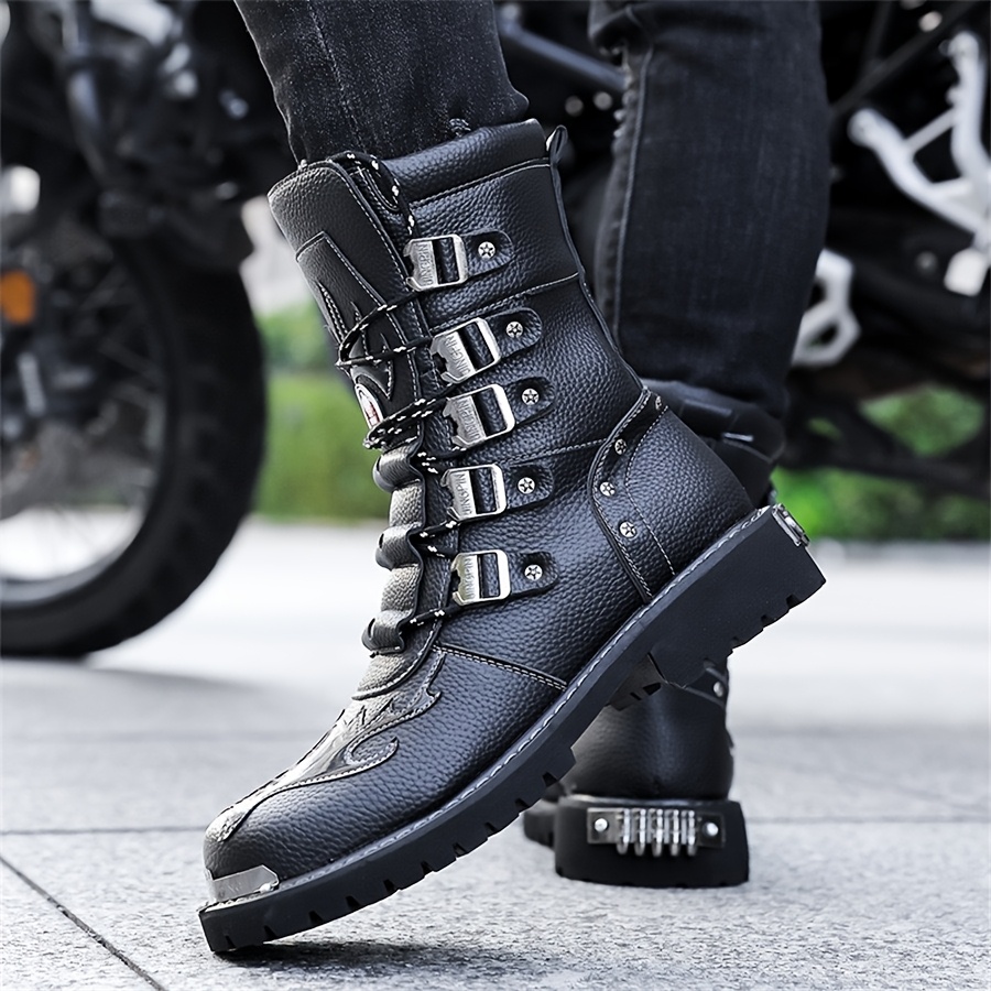 mens motorcycle boots black cover metal buckles thick Temu Germany