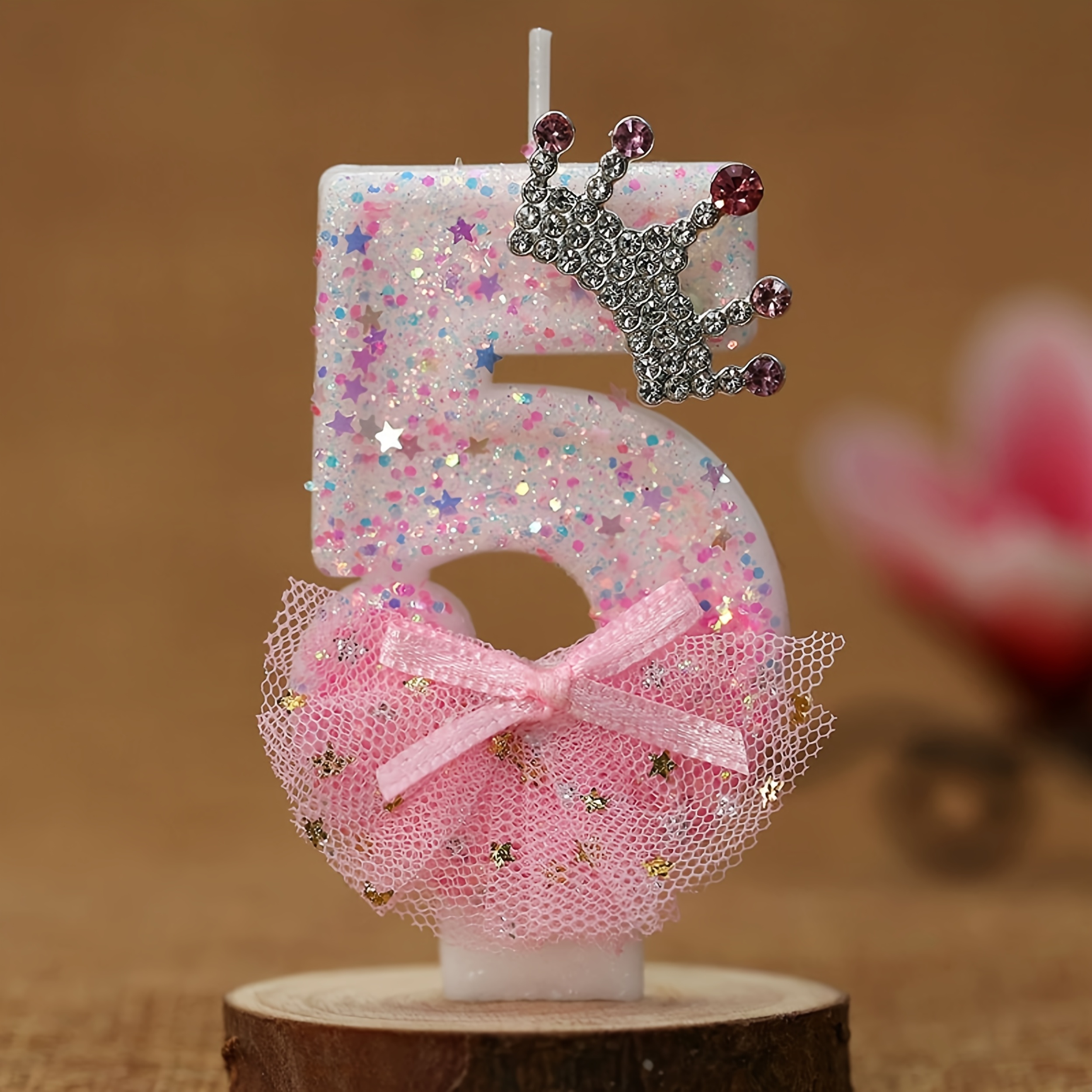 Image of 1pc Pink Tulle Skirt Crown Birthday Candle, Princess Series Cake Decoration Topper, Handmade Diy Baking Dessert Decoration Accessory, The Best Gift For Your One，halloween，christmas