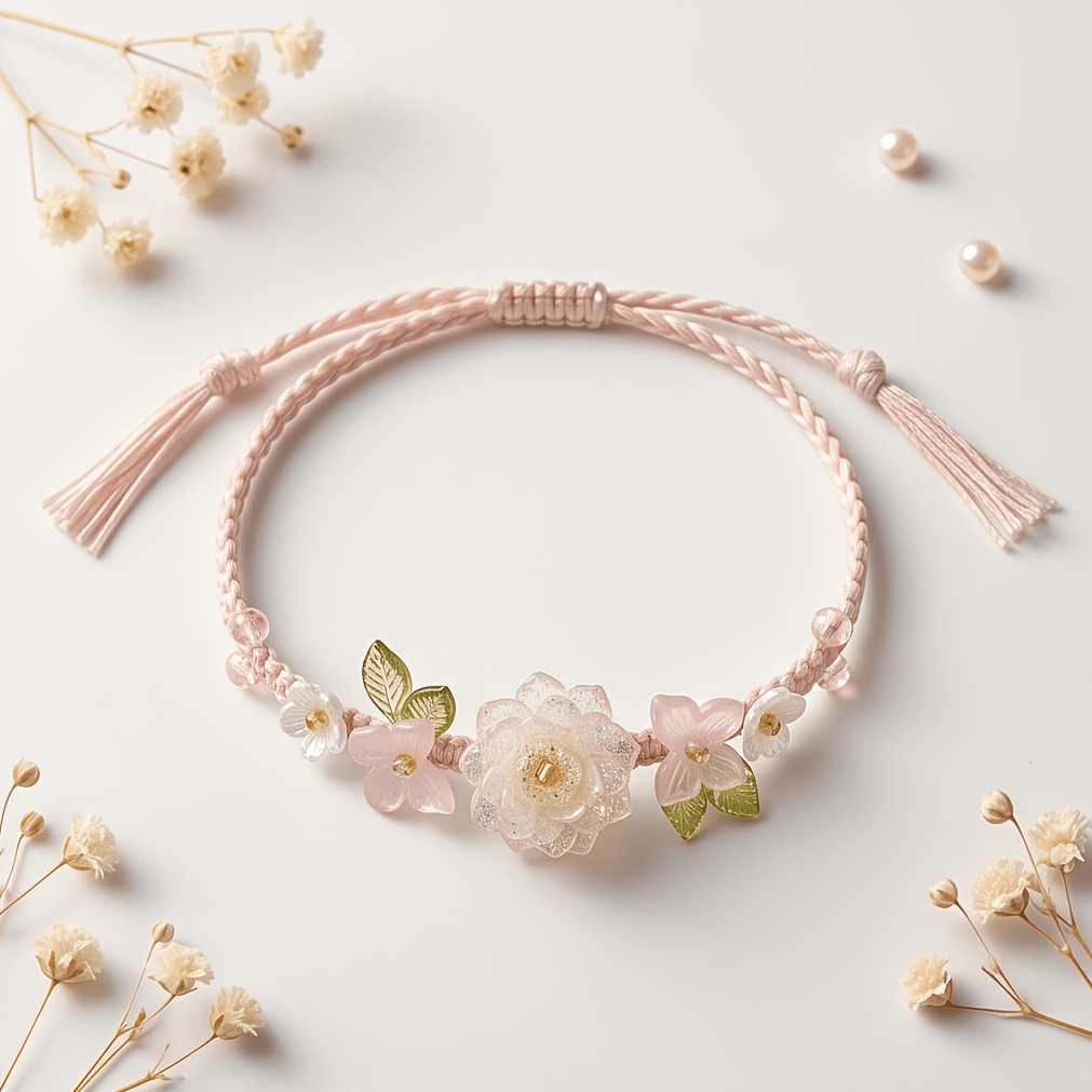 TEMU Bracelet Bohème à avec Cordon à Paillettes Irisées pour Fleur de Lotus, Centre Transparent & Fleurs Roses/Blanches & Feuilles - Cordon à Pompons