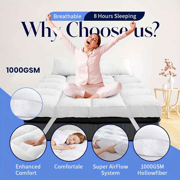 1pc Hotel Quality Mattress Topper 10Cm/ 4 Inch Extra Thick Plush Support & Breathable, Fits All Mattress Pad Sizes (Single Double King Super) - White