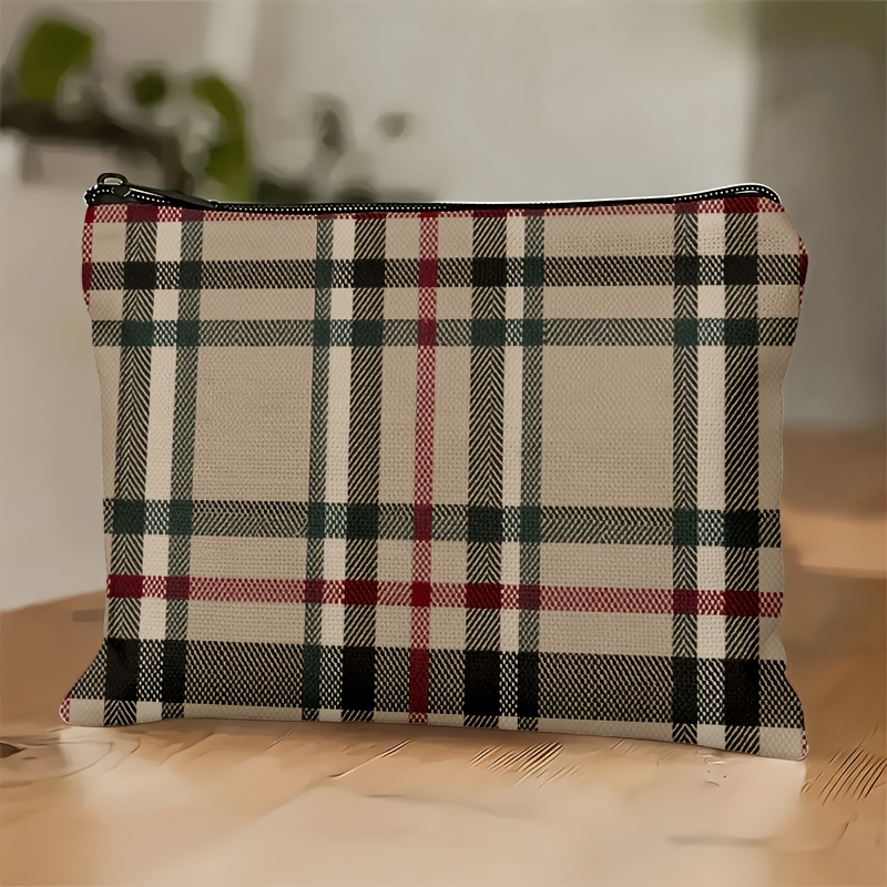 TEMU 1pc Large-capacity British Plaid Makeup Bag Suitable For Travel, Thickened Suitable For Gifting, Lightweight With Zippered Closure, Double-sided