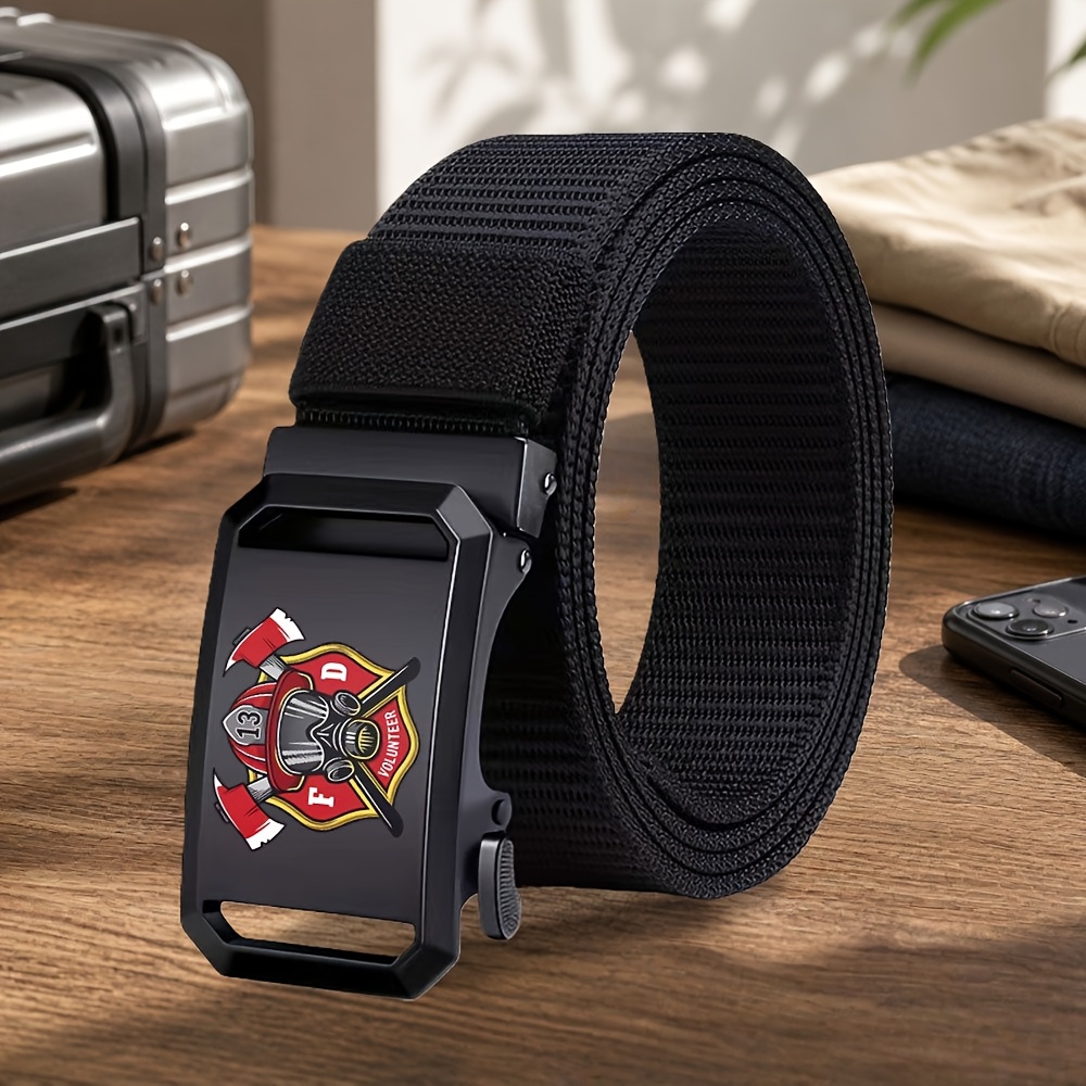TEMU 1pc Men's Firefighter Badge Belt With Automatic Buckle - Suitable For Outdoor, Business, Casual Wear - Belt For Firefighter Gifts, Christmas,