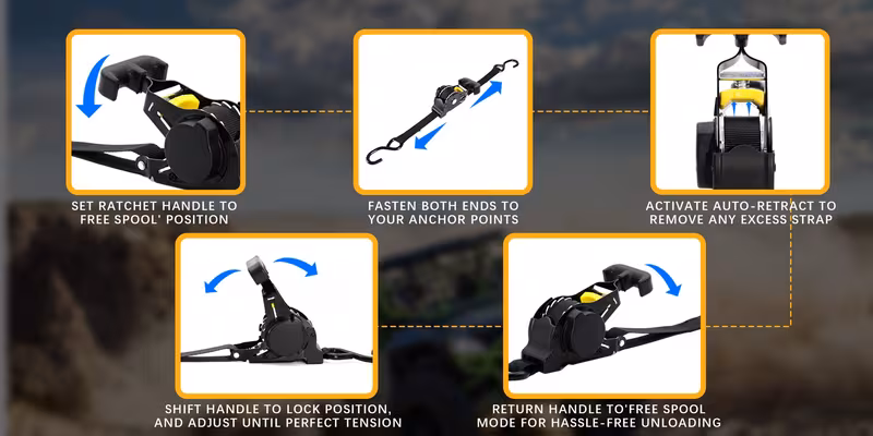 2pcs automatic retractable ratchet tie down straps 10ft adjustable self locking heavy duty design for trucks trailers boats motorcycles and cargo features secure fastening self locking mechanism weather resistant construction Product details 4