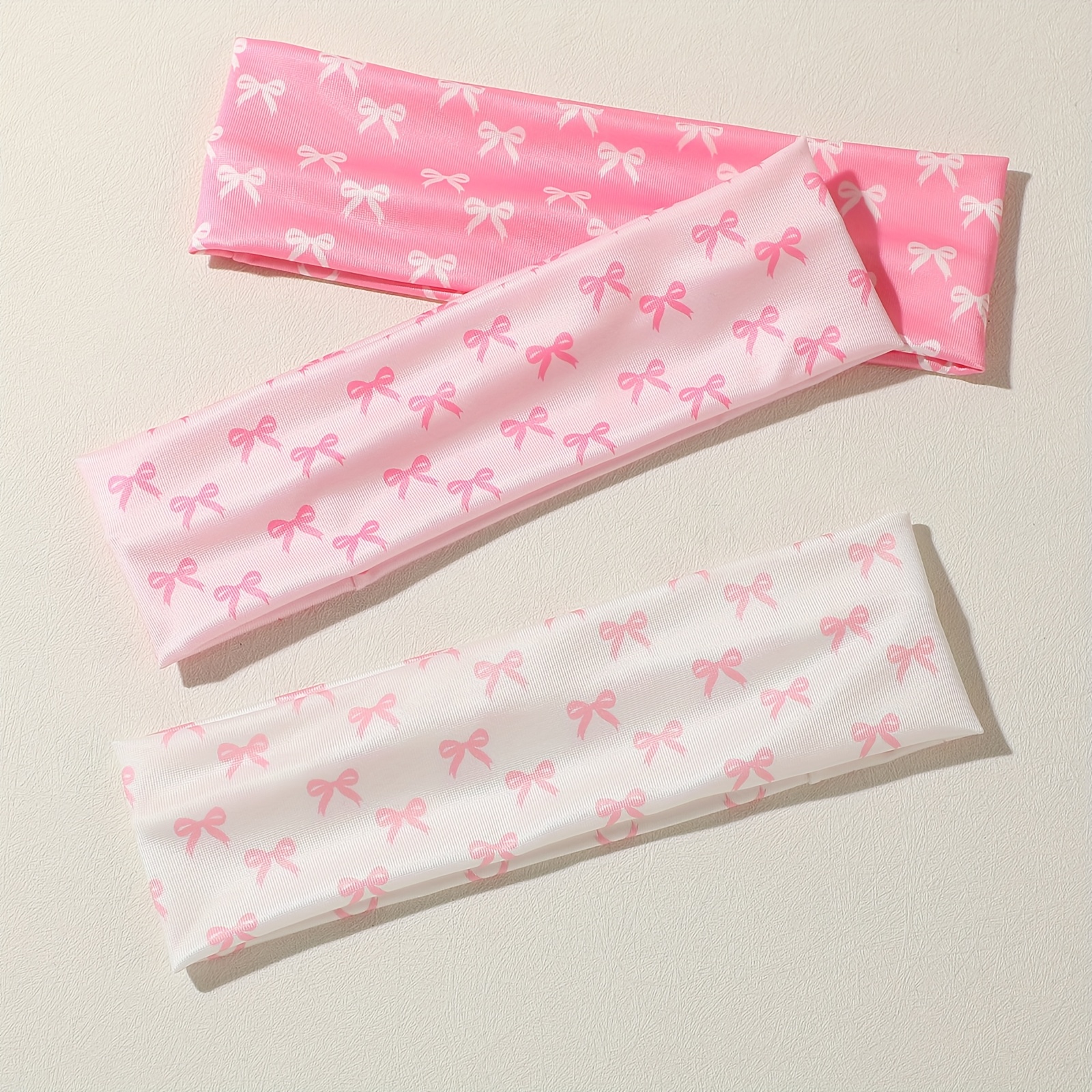 Image of 3pcs Women's Soft Fabric Headbands With Cute Bow Print - Pastel Colors For Running, Gym, Workouts & Casual Outfits, Sports Headbands | Fashion Headbands | Comfortable Wear