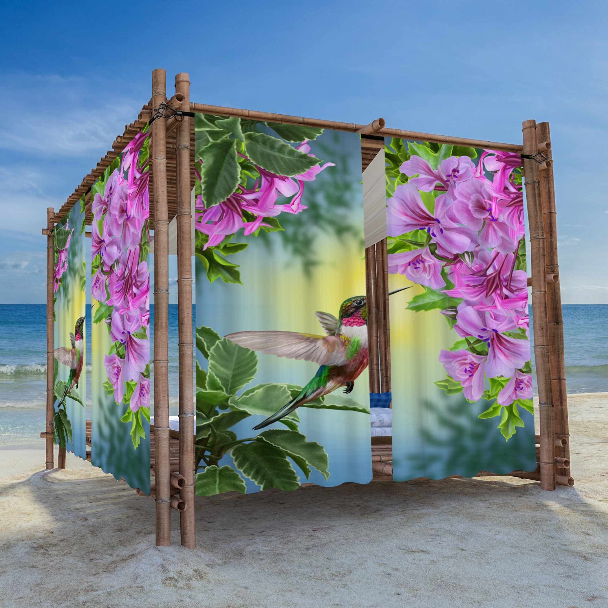 

Water-resistant Hummingbird And Flowers Printed Polyester Outdoor Curtains, 2 Panels Set, Contemporary Semi-sheer Patio Gazebo Drapes With Valance, Machine Washable, Decorative Garden Windbreak