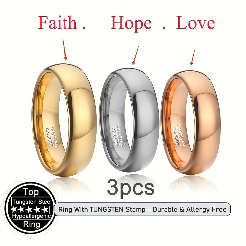 3pc Unisex Tungsten Steel Rings Set, Rose Gold & Silver