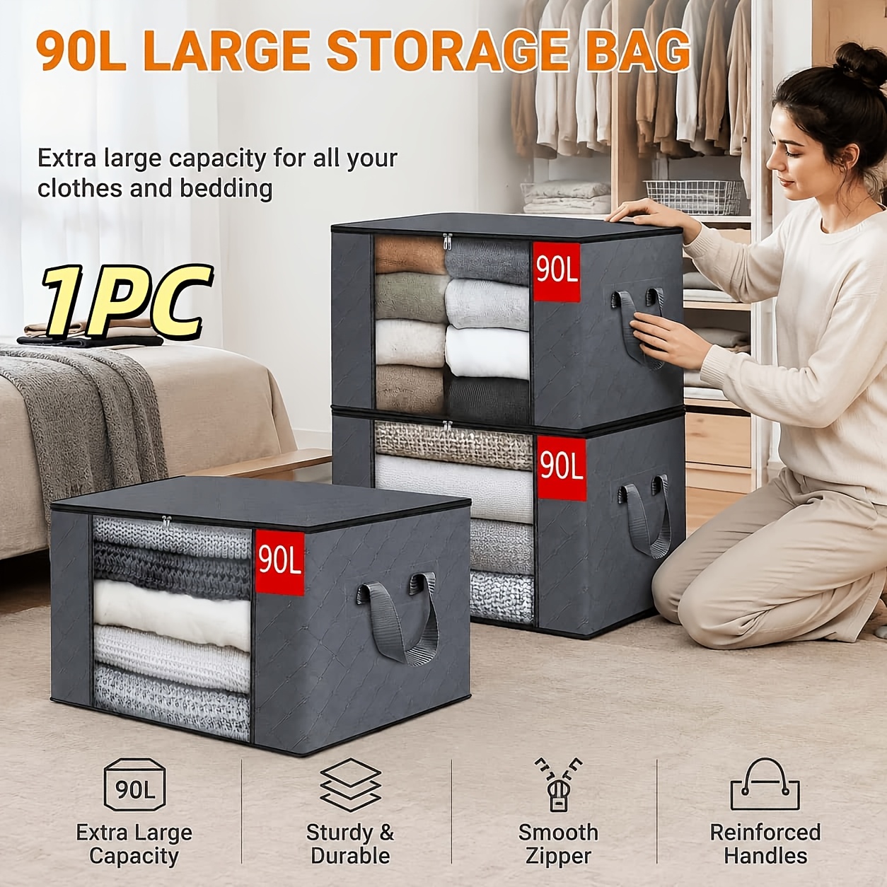 TEMU Grand sac de rangement pliable à fermeture éclair avec couvercle et poignée portable, convient pour literie, les couvertures, les oreillers et