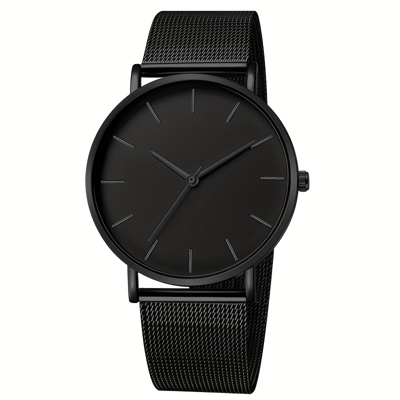 TEMU Men's Minimalist Black Quartz Watch With Mesh Band - Stylish Display, Alloy Case And Strap, Casual Design For Casual Attire