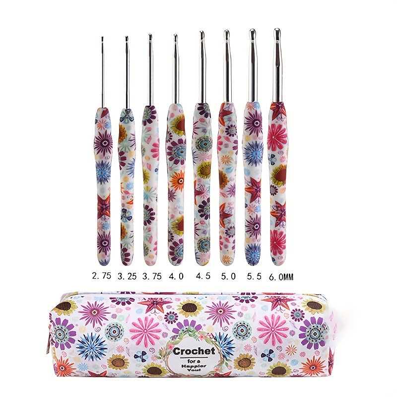 TEMU Set de 8 crochets à motif de et de fleur de , aiguilles à crochet de 2,75 mm à 6,0 mm pour débutants, crochet en aluminium imprimé avec poignée