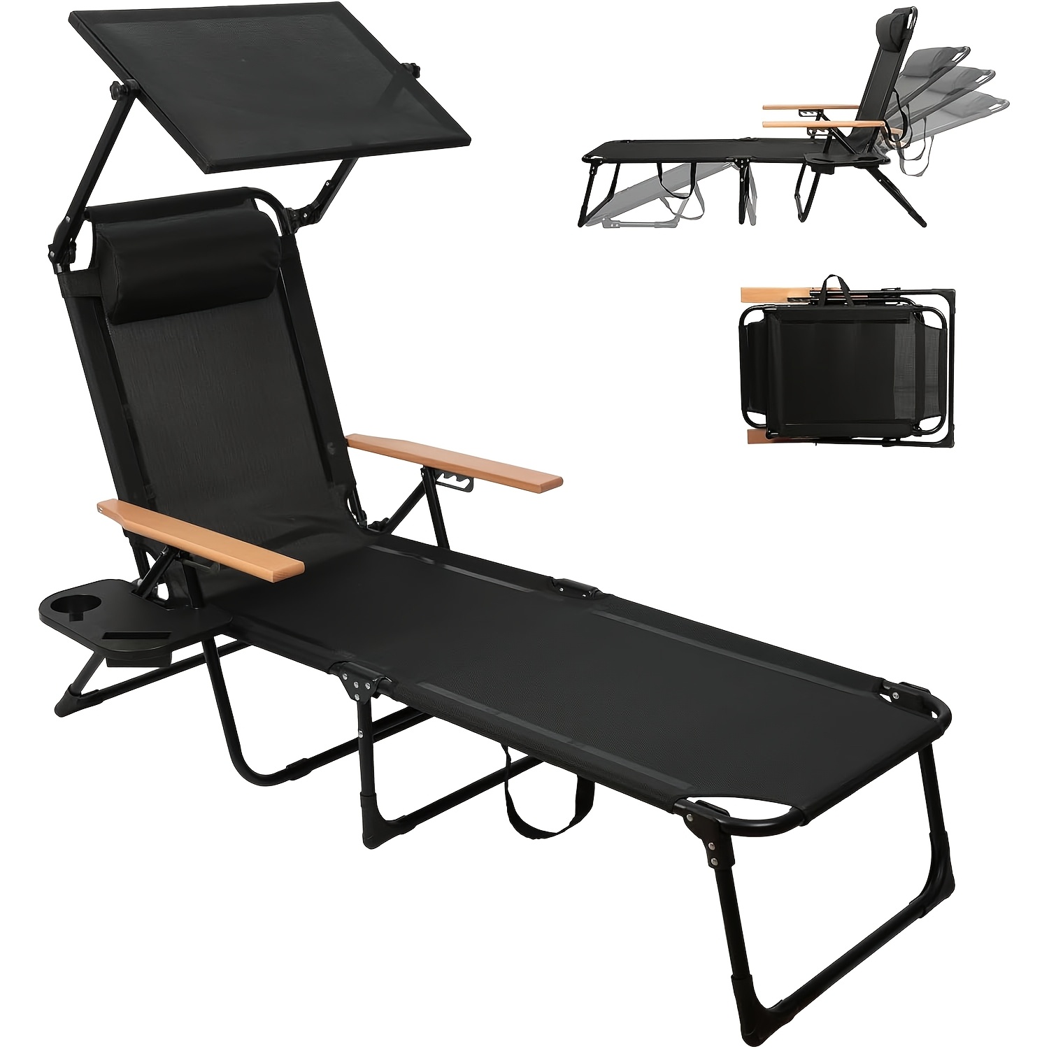 Image of Folding Lounge Chairs For Outside, Beach Patio Lounge Chair With Canopy, Sunbathing/tanning Chair With 4 Adjustable Backrest & Cup & Pillow, Holds 330 Lb, Outdoor