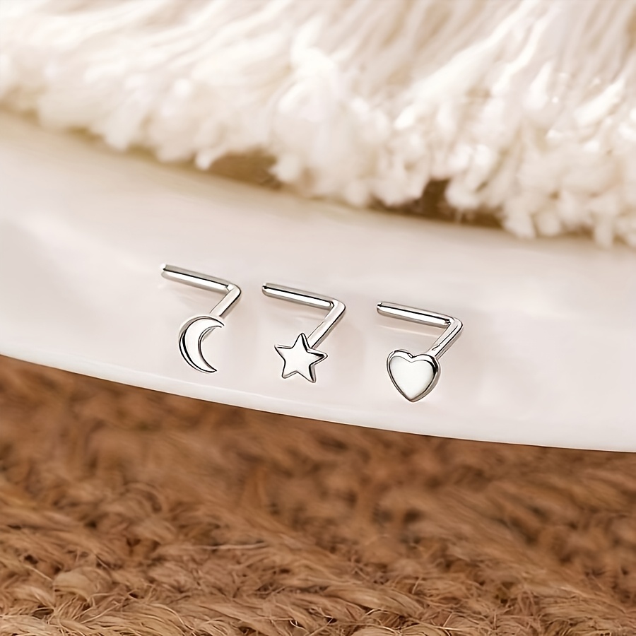 TEMU 3pcs Nose Rings Hypoallergenic Stainless Steel Mini Nose Studs - L Shaped Nose Ring Nostril Jewelry High Quality Fashion Women's Earrings For