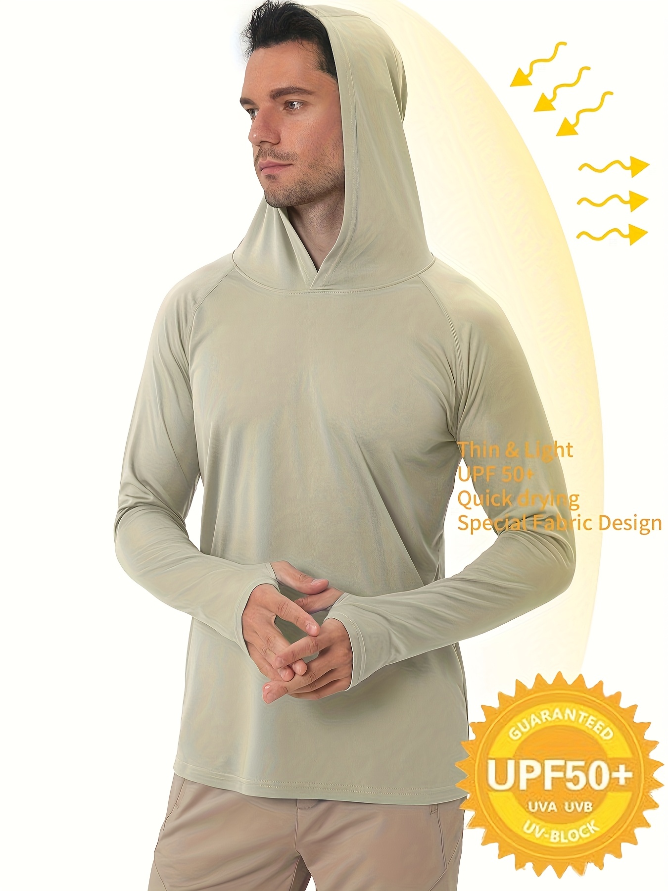 Men's UPF 50+ Sun Protection Hoodie - Lightweight Quick-Dry Polyester Long Sleeve Shirt with Rash Prevention, Breathable Stretch Fit for Outdoor Running, Fitness, Fishing & Cycling