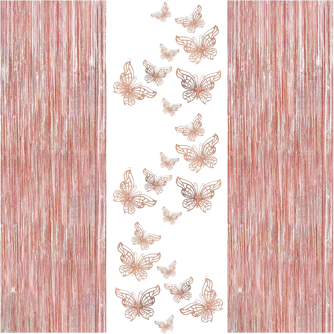 Image of 2 Pieces Of Rose Golden Rain Strands And 2 Pieces Of Rose Wall Stickers, Along With A Rose Tassel Curtain Backdrop, And Metallic Foil Plastic Tassel Decorations. In 3 Sizes