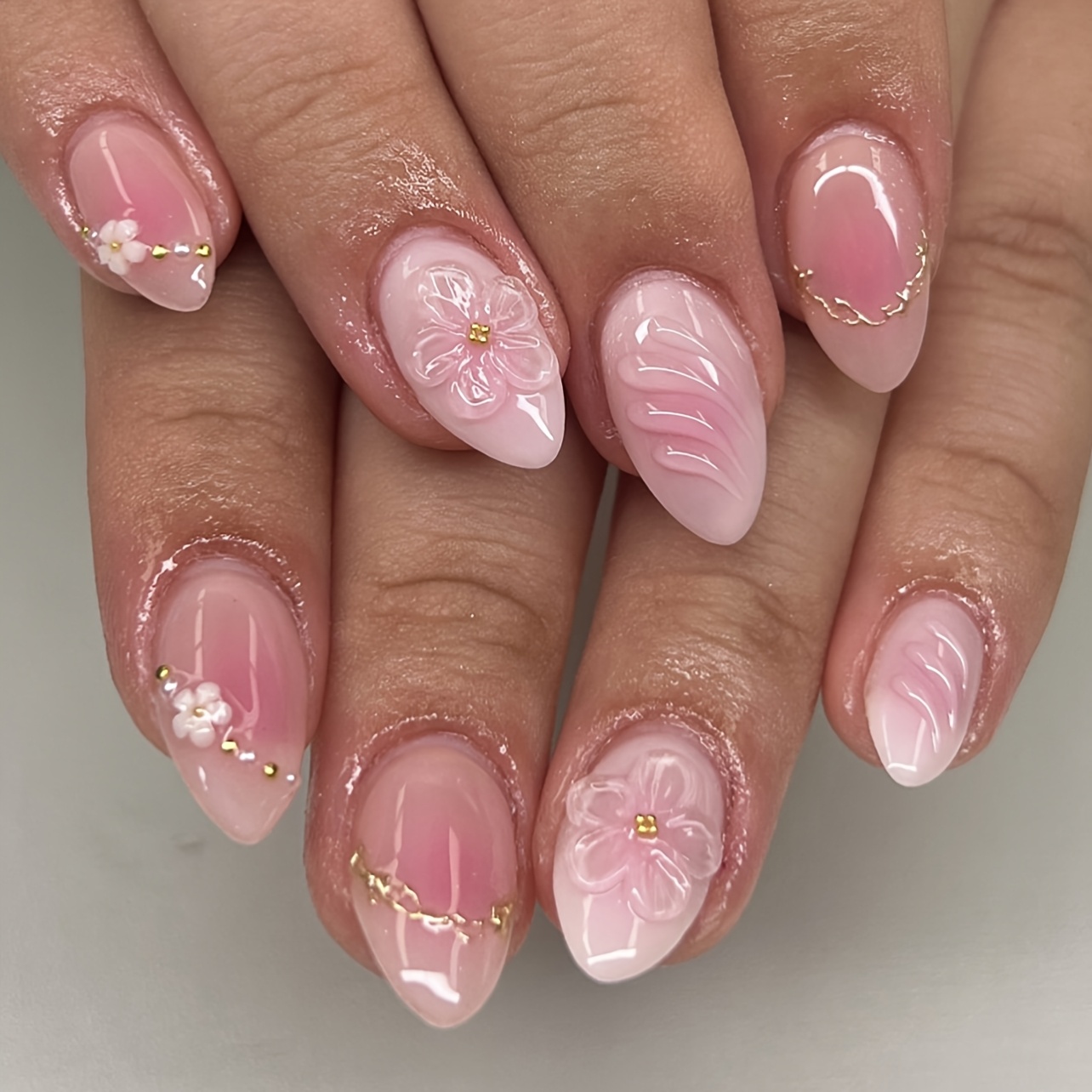 TEMU 24pcs Danartlux Short Almond Press On Nails Suitable For Women, Blush Ombre Glossy Full Cover Fake Nails With 3d Flower Tips, Reusable Nail Tips
