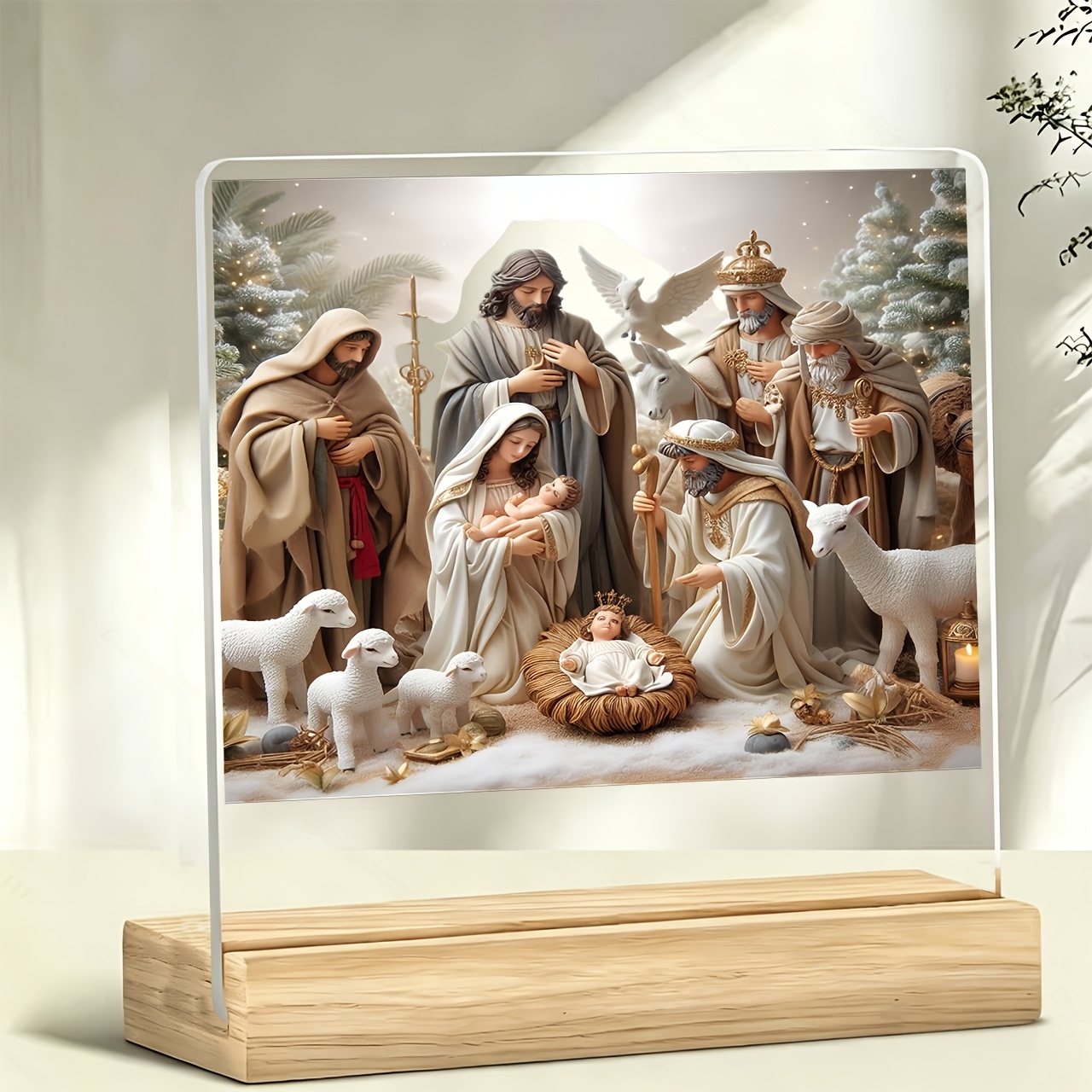 TEMU 1pc Nativity Scene Manger Group Figurine, Inspirational Slogan, Acrylic Ornament, With Wooden Base, Paperweight, Office Desk Decoration, Desk