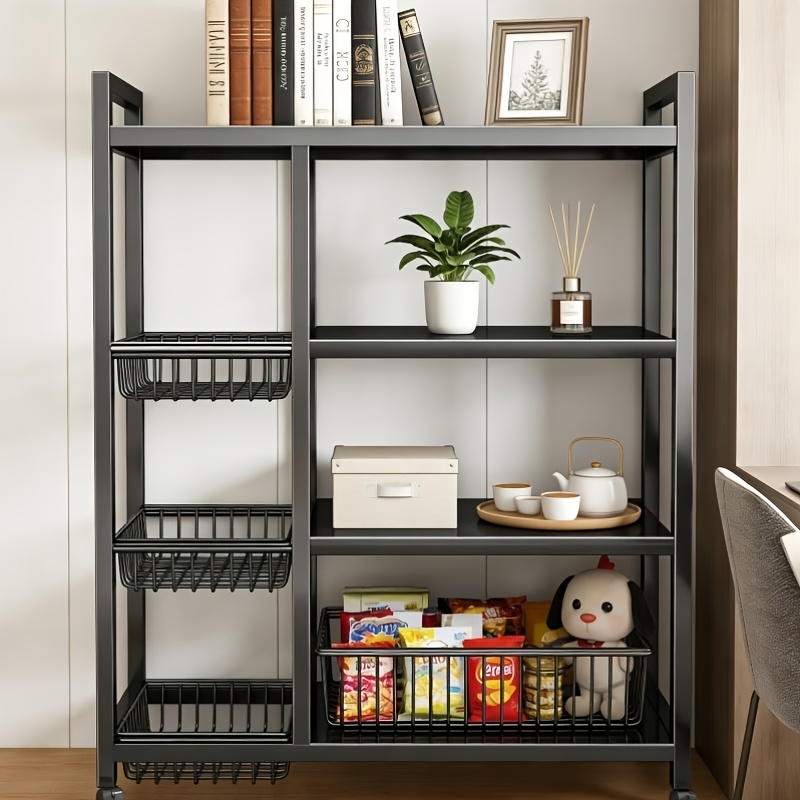 TEMU Estante de almacenamiento de metal dorado ajustable de 4 niveles con ruedas y 3 cestas - Estante organizador móvil para cocina, despensa, baño,