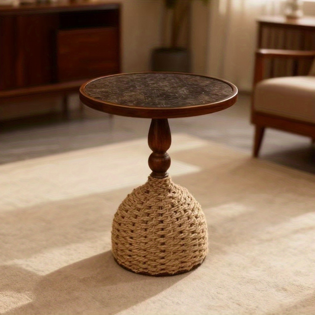 Handcrafted Teng Iron Craft Water Grass Rope Woven Side Table, Flower Stand for Living Room Sofa Side, Study, Balcony, Guesthouse, Outdoor Coffee Shop, Bar