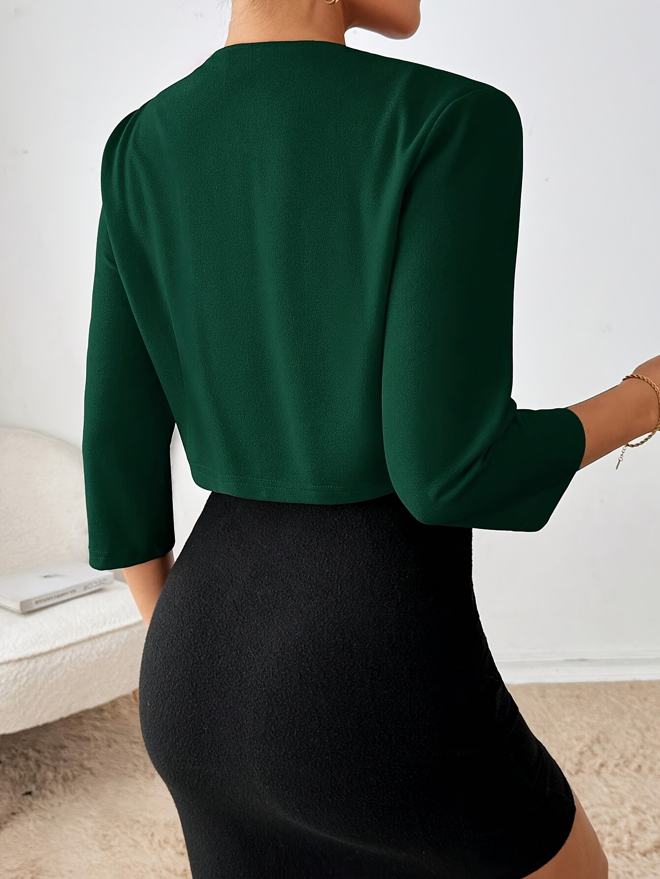 Women'S Stylish White Blazer with Ruffle Detail - Casual Three-Quarter Sleeve, Buttonless Placket, Spring/Fall Fashion, Casual Attire|Ruffle Blazer|Elastic Fabric