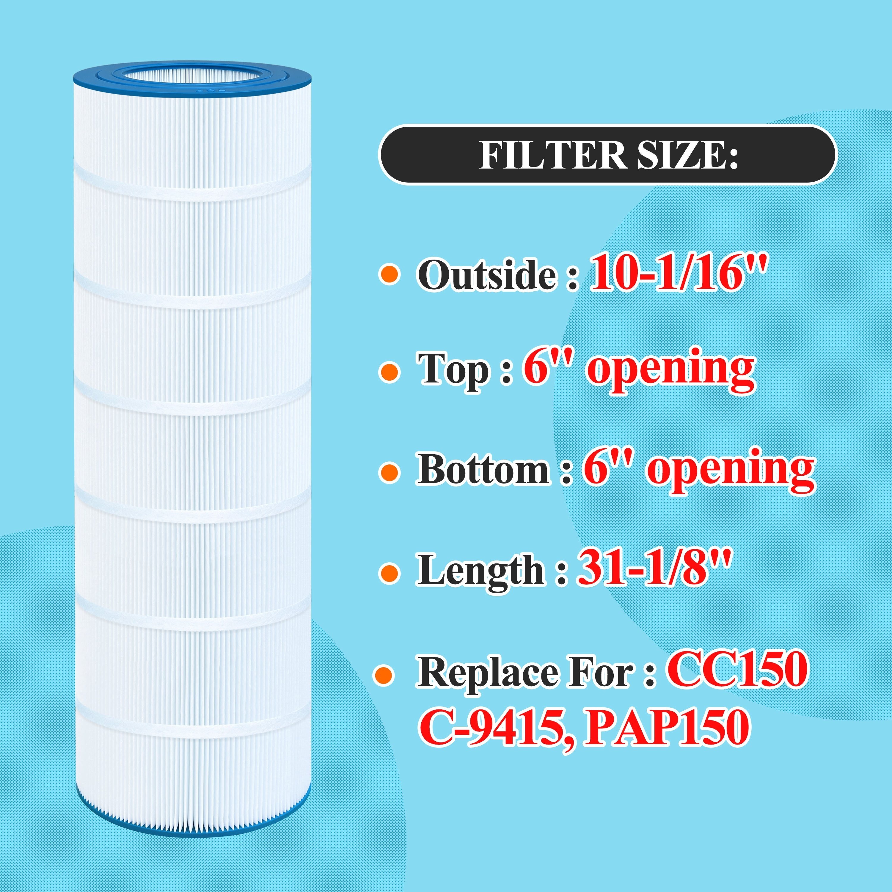 

1 150 Plf150a Filter Replaces Cc150, Ccrp150, Pap150, -c4, Pp-c4, Pp-c4-m, C-9415, R173216, 59054300, Fc-0687, 160317, 160355, 160352, L : 31 1/8" X10 1/16