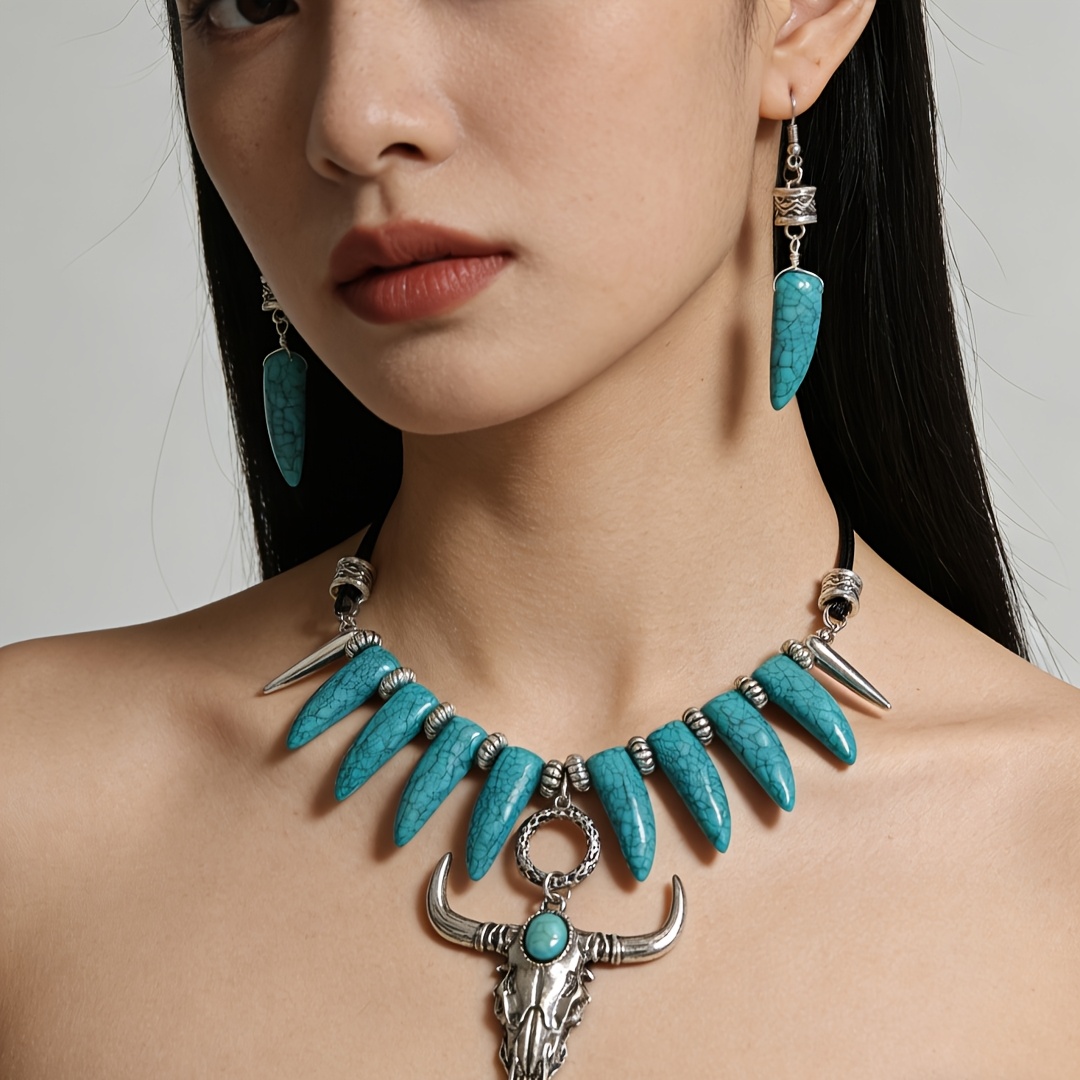 TEMU 1 Set Western Cowboy Style Distressed Silvery Turquoise Fang Necklace And Earrings Set For Women' Festival Outfits