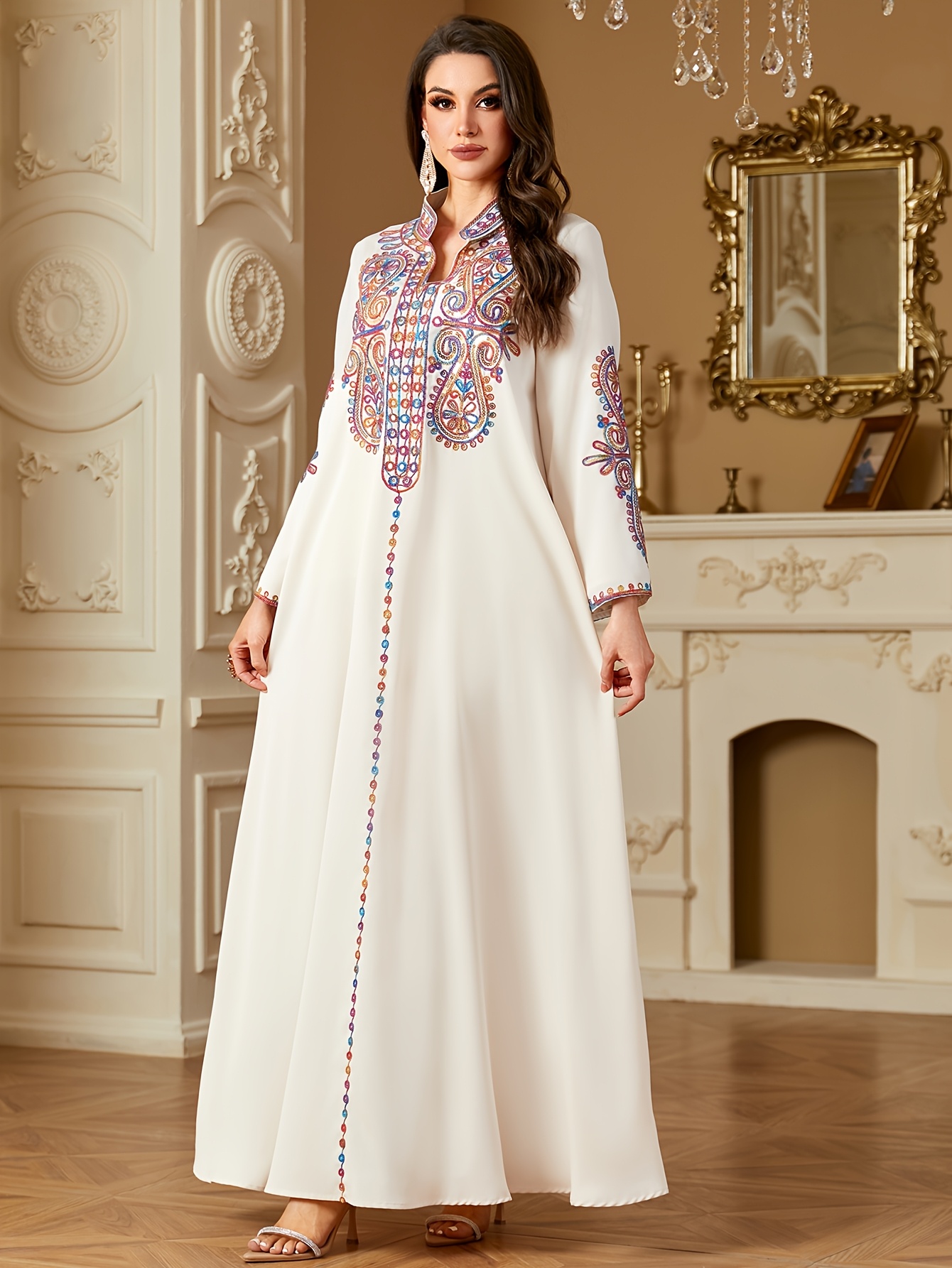 abito caftano elegante scollo maniche lunghe ricamato Temu Italy