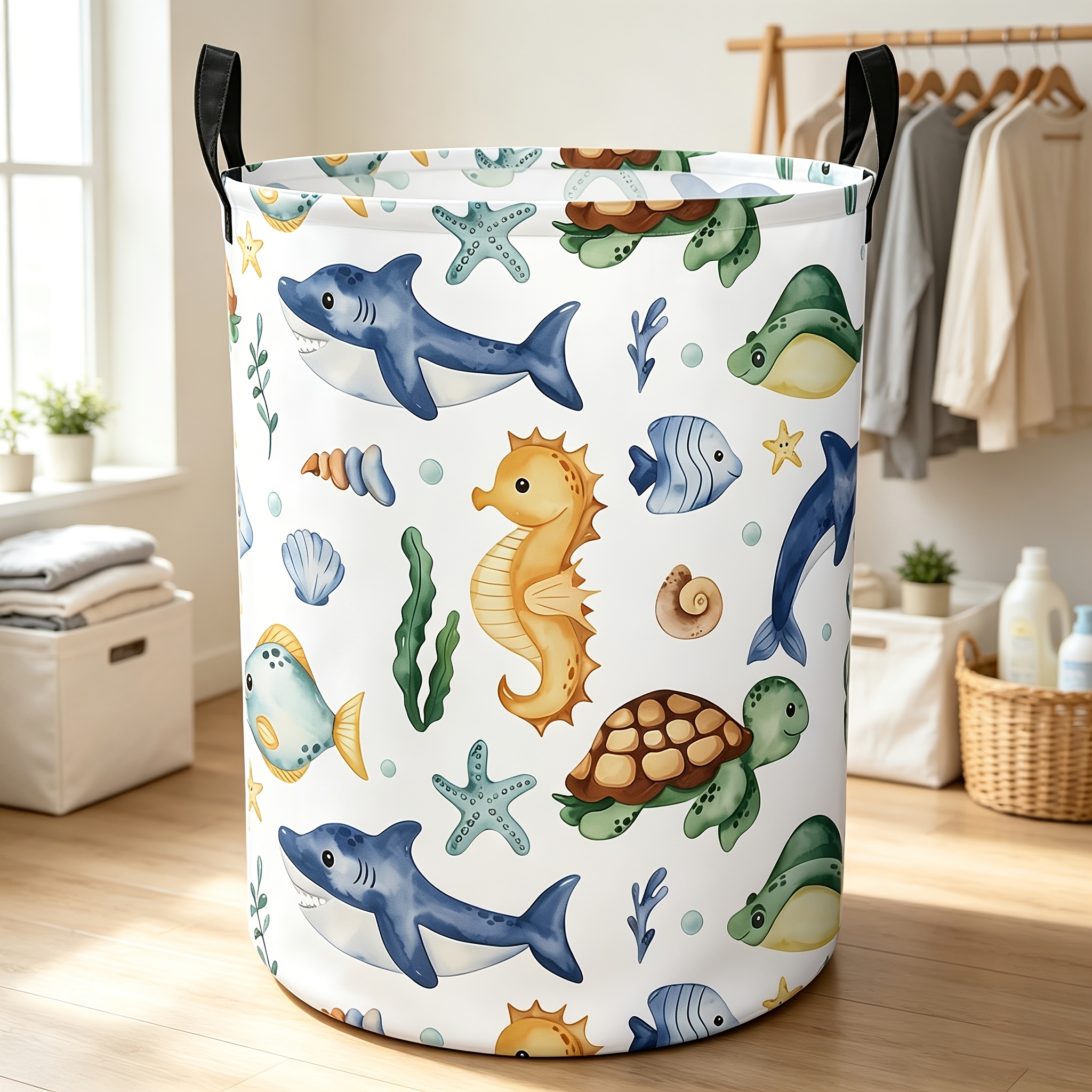 TEMU 1pc Ocean-themed Laundry Basket And Storage Bin - Room Storage Box, Ocean Theme, For Room Decoration, Utility Basket, Laundry Baskets