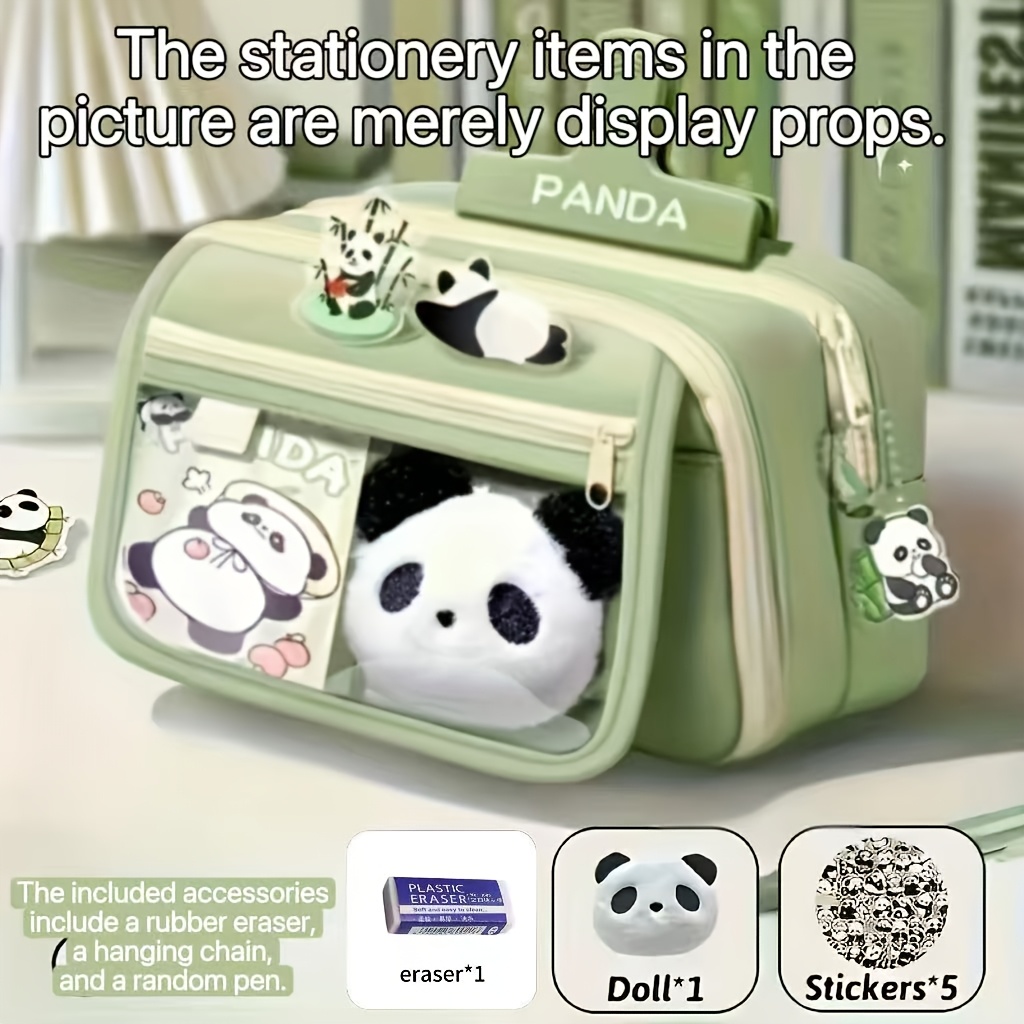 TEMU Juego de 4 piezas, estuche de 9 capas de gran capacidad, 1 borrador, 5 pegatinas, 1 accesorio de panda, útiles escolares de capacidad,