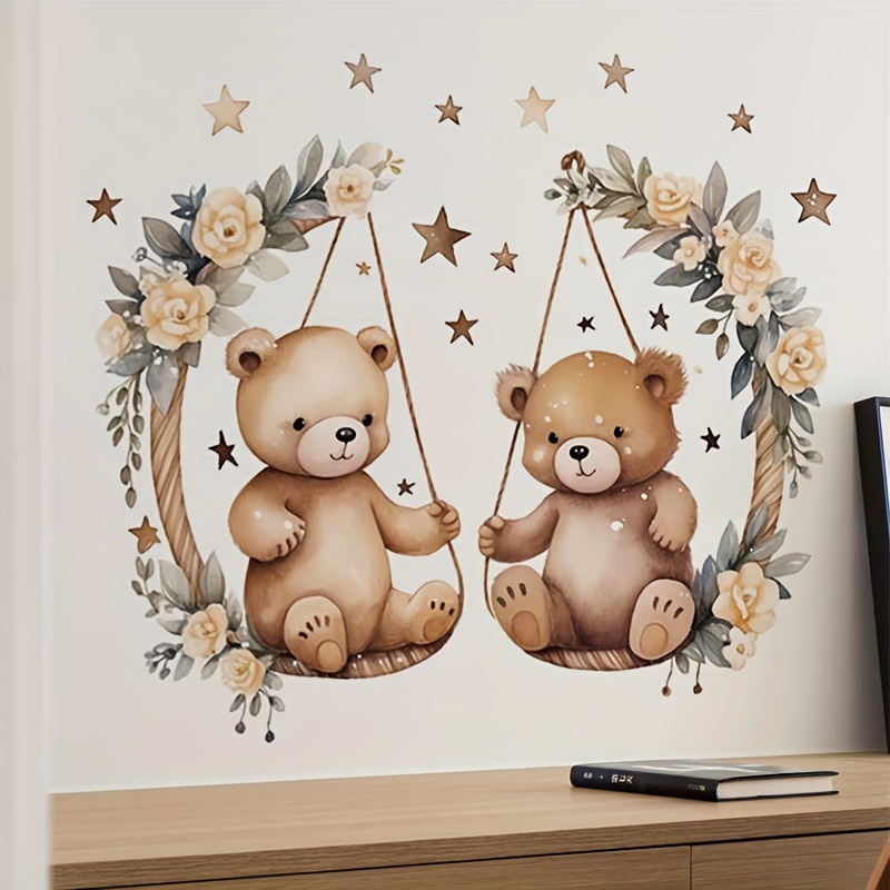 Image of Removable Self-adhesive Wall Stickers Of A Swing Bear For Decorating Bedrooms And Living Rooms, Made Of Pvc