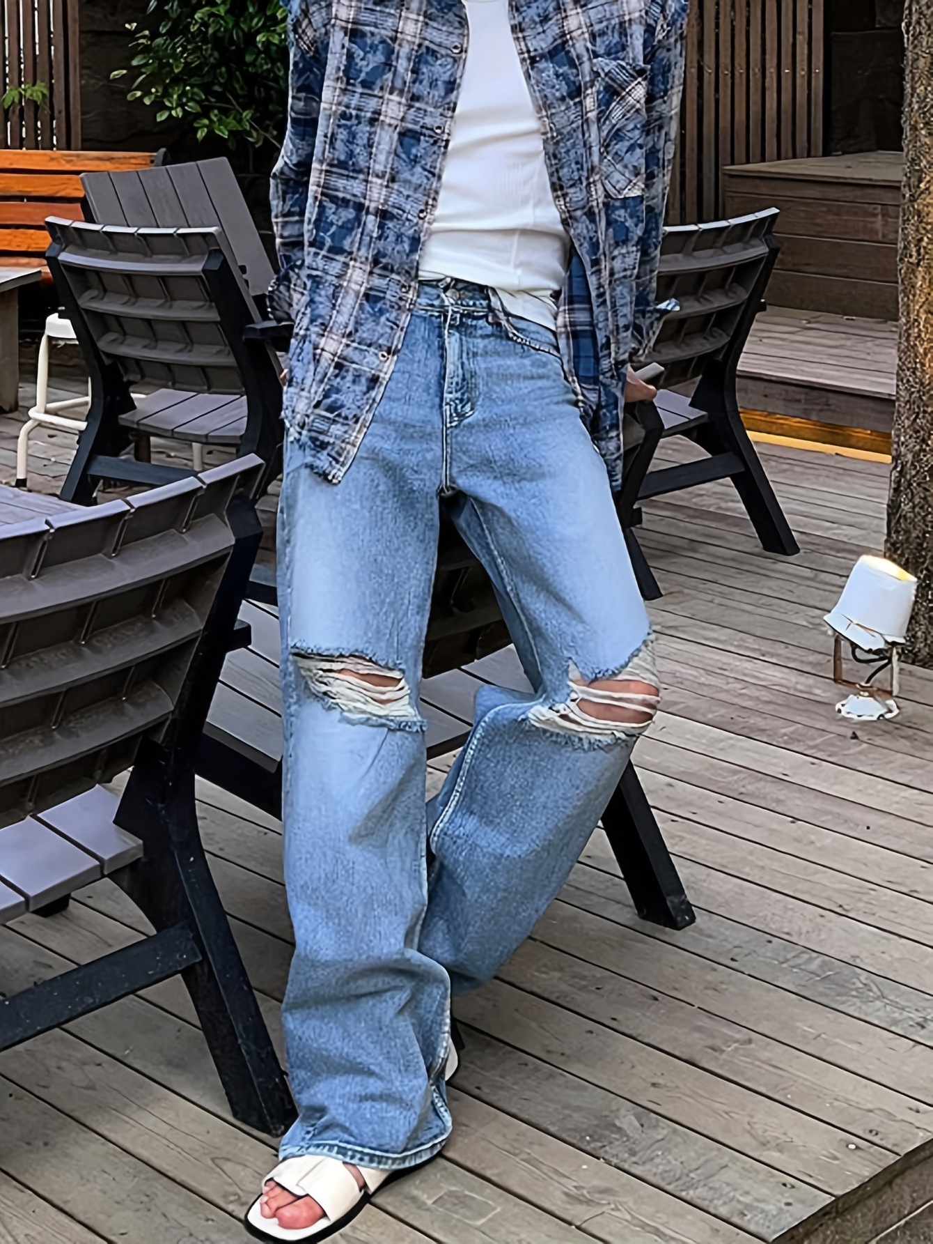 mens light wash blue distressed straight leg jeans relaxed Temu