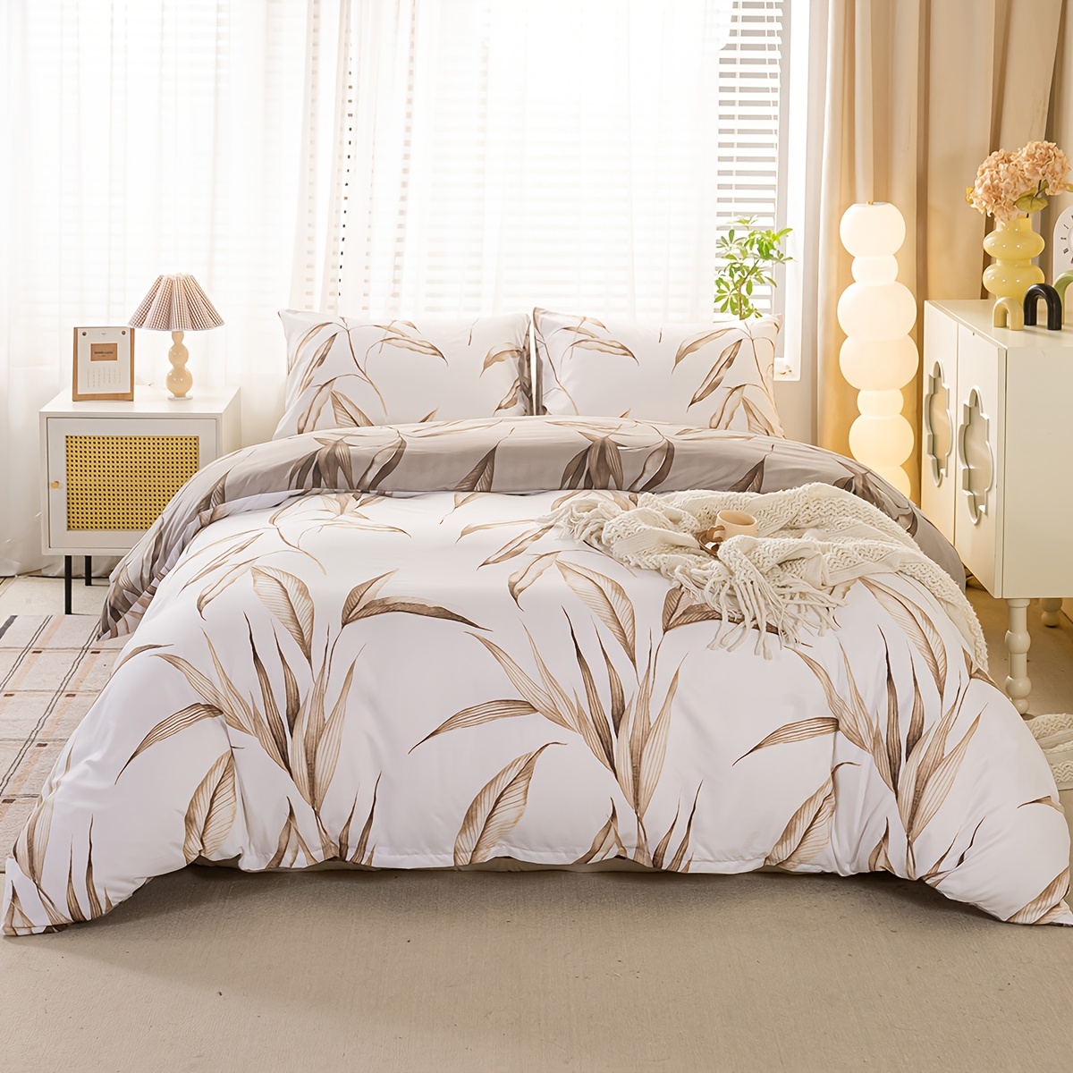 Image of 3pcs Nordic Style Leaf -piece Set Color Plant Duvet Cover Dormitory Home Use Skin-friendly Double-sided Bedding (excluding Pillow Core, Excluding Duvet Core)