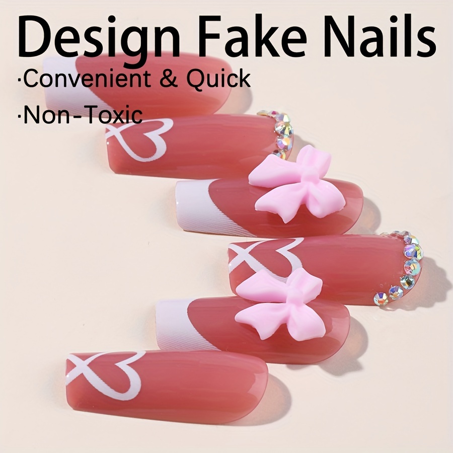 TEMU 24pcs Medium Square Press On Nails, Y2k Style Pink Bow Heart-shaped Rhinestone Decorated Fake Nails, Romantic French Style Artificial Nails,