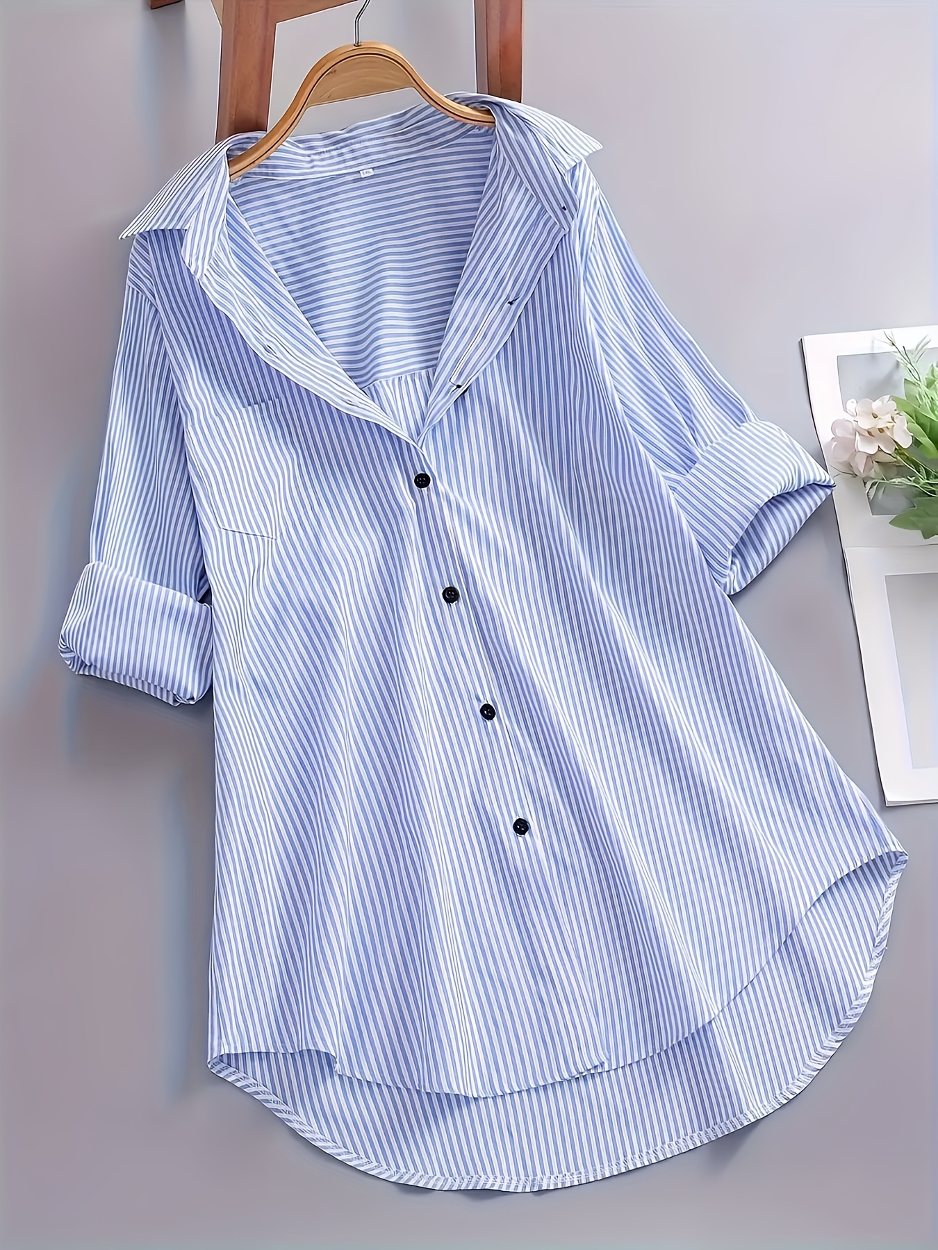 Women's Casual Nautical Striped Button-Up Shirt Long Sleeve Collared  Blouse with Pockets, Light Blue White Vertical Stripes, Polyester,  Machine Wa
