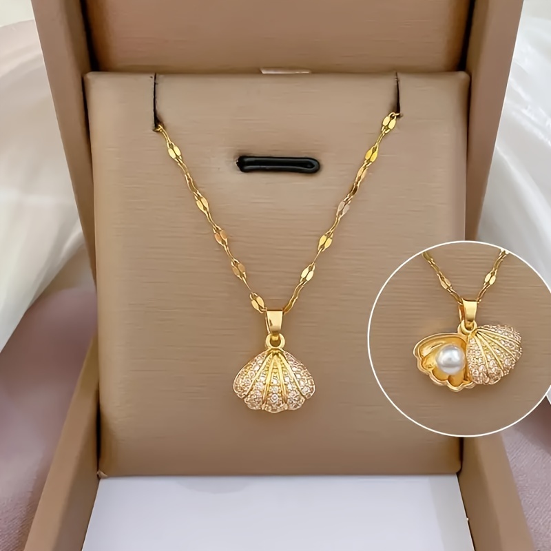 

Elegant Faux Pearl And Cubic Zirconia Shell Pendant Necklace, Ocean Style Jewelry Gift For Women And Men, Surprise Birthday Present For Family And Friends