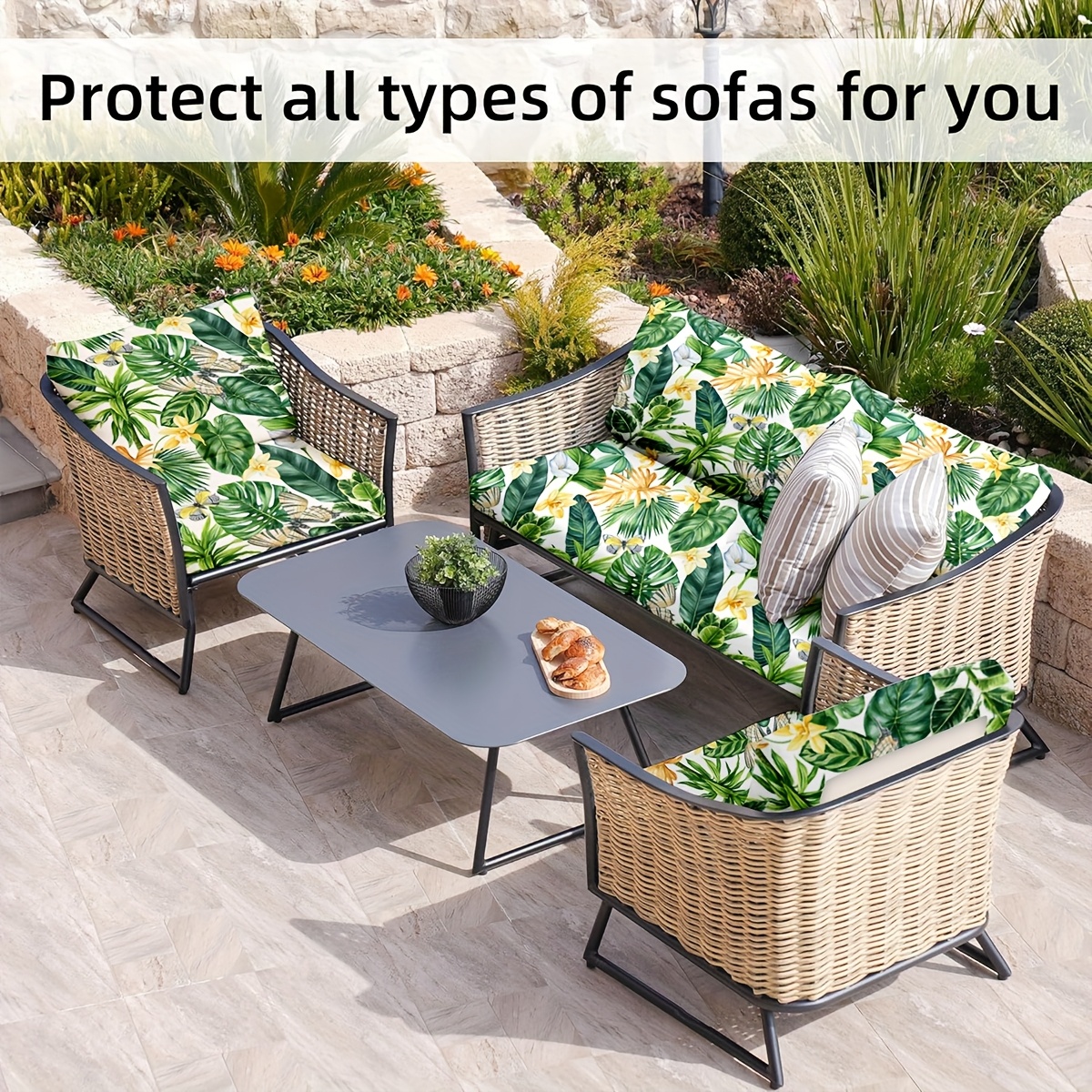 8pcs/set Outdoor Sofa Cushion Covers with Tropical Leaf Pattern Machine  Washable, Hand Washable, Slipcover-Grip, Elastic-Band Closure,