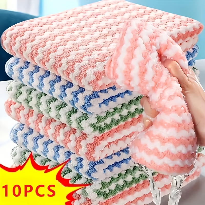 Paquete de 10 paños de cocina de microfibra altamente absorbentes - Ideales para secar platos y limpiar superficies, fáciles de limpiar, diseño moderno, forma cuadrada, lavar a mano recomendado, con rayas en azul, rosa y verde